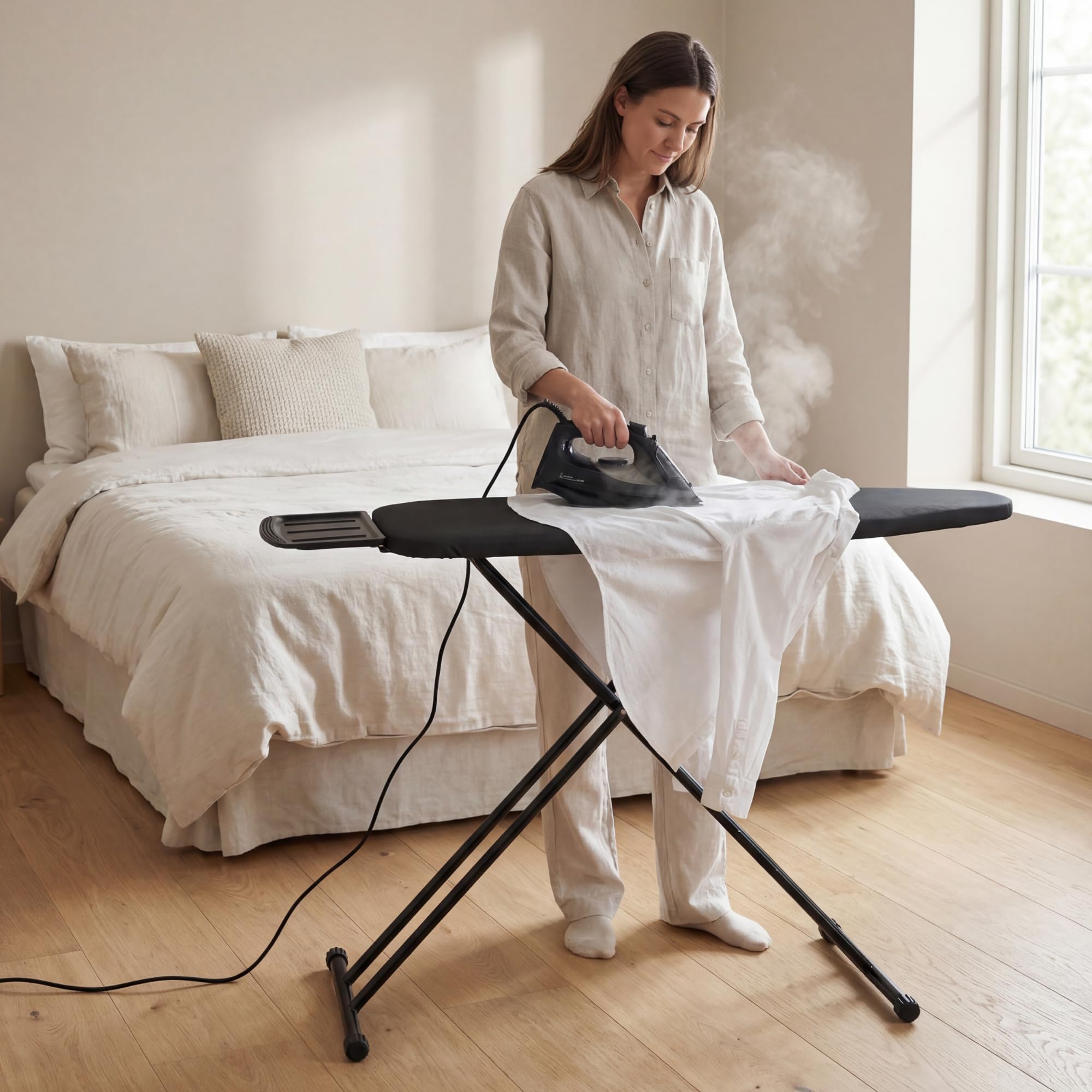 SensaHome Asse da Stiro – Tavolo da Stiro Pieghevole con Supporto per Stiratrice a Vapore – 125x45 cm – Denim Nero