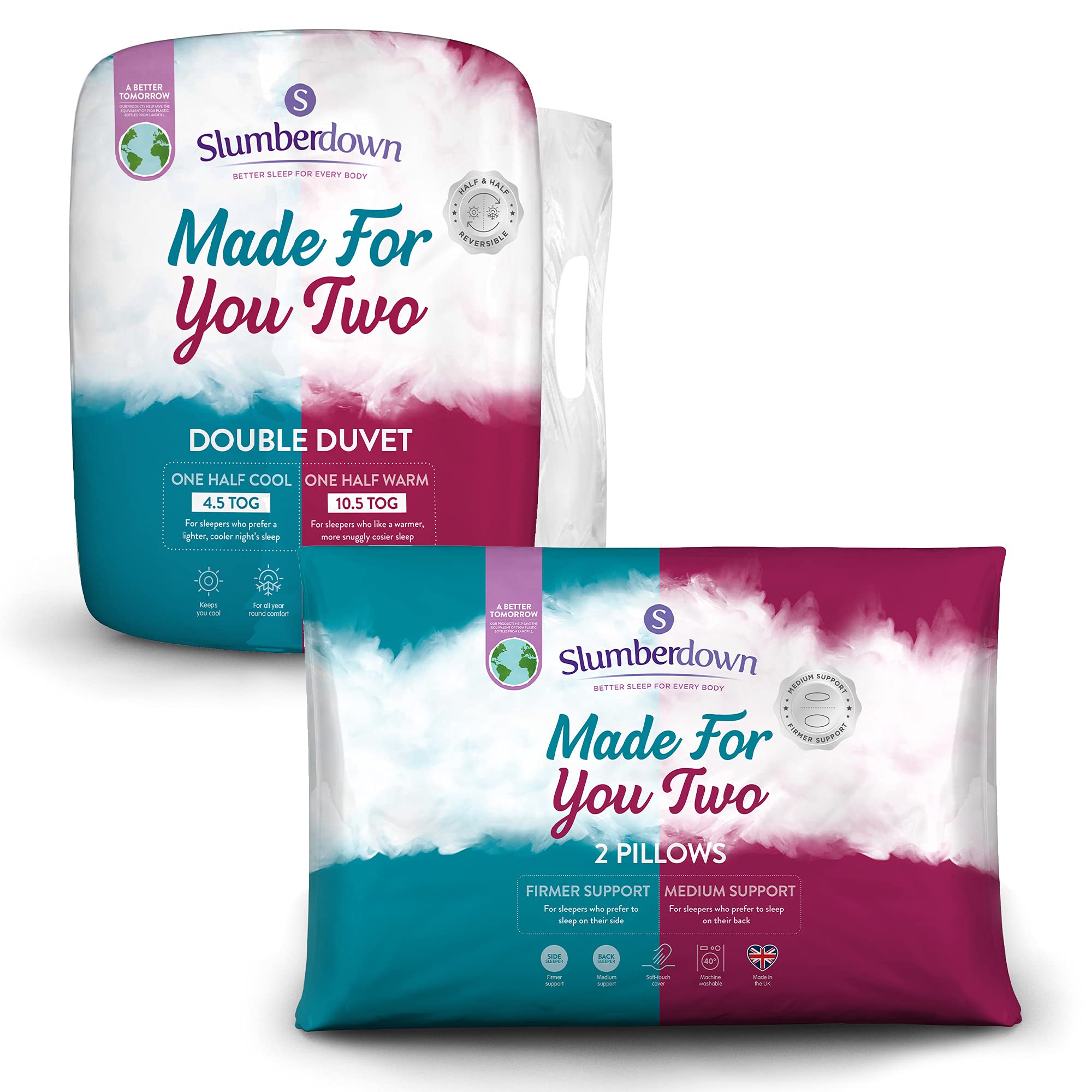 SlumberdownMade For You Two Double Duvet - Dual 4.5 Tog Lightweight Summer Plus 10.5 Tog All Seasons 2-in-1 Quilt, 2 Medium/Firm Pillows - Soft Touch Cover, Machine Washable, Size (200cm x 200cm)