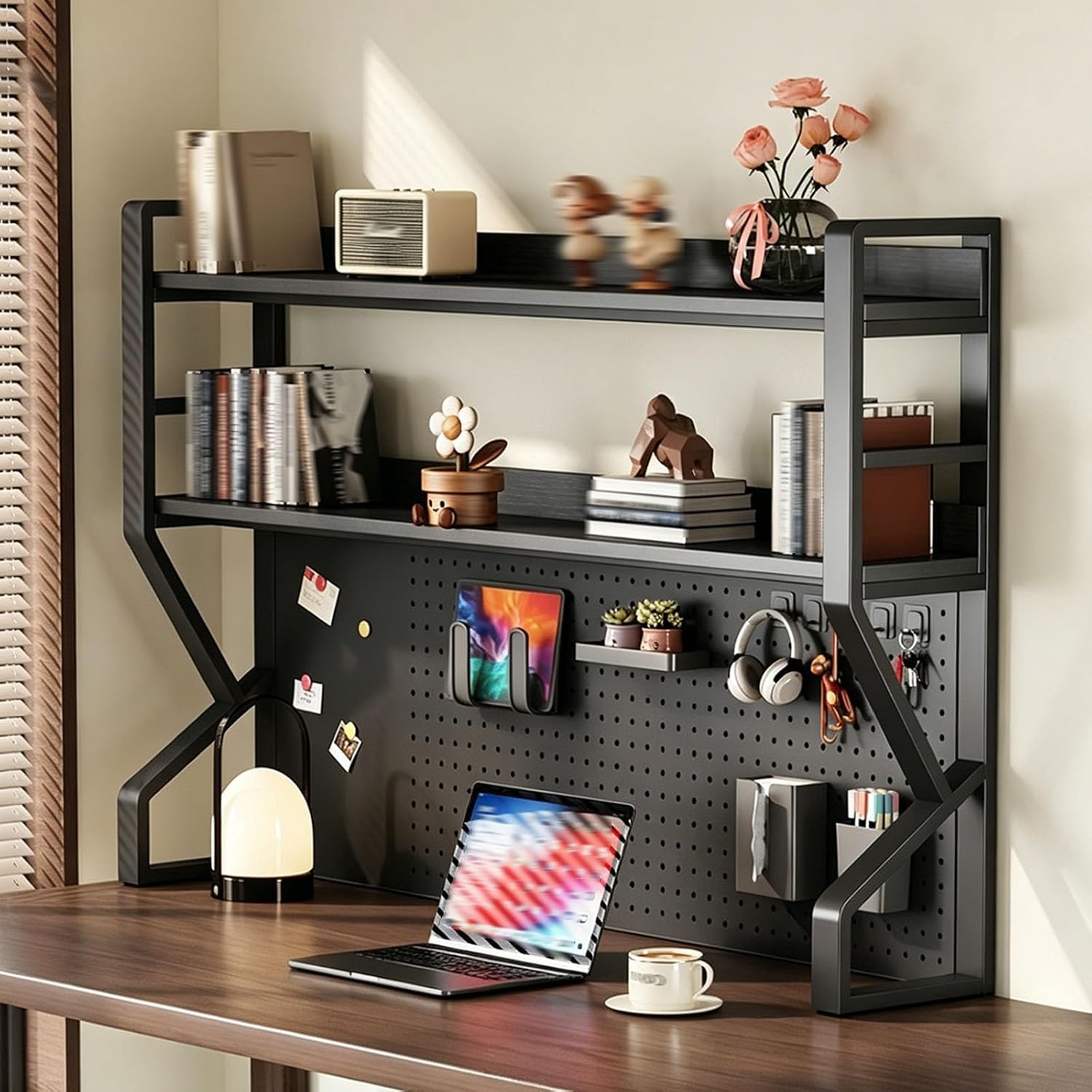 Desktop Organizer Shelf with Pegboard, Desktop Hutch Bookshelf with Storage Accessories, Metal Display Organizer Rack for Desks, Offices and Computer Workstations(Black,3-Tier L45.2in)