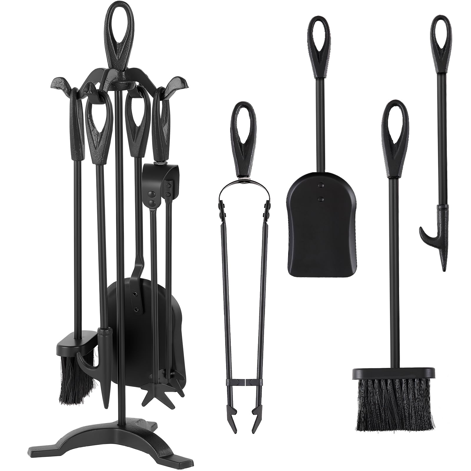 Amagabeli Garden Home Fireplace Set 5 Piece Accessory 64 cm Fireplace Tools Fireplace Tool Wood Stove Shovel Broom Clamp Poker Holder Black