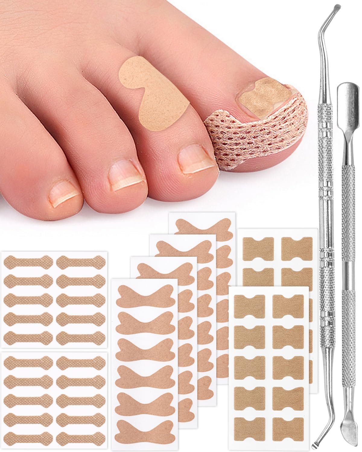 Ingrown Toenail Correction Treatment Tool, 64 Pcs Breathable Ingrown Toenail Strips in 3 Types, No Glue Safe Ingrown Toenail Tool with 2 Pedicure Tools for Ingrown Toenail Remover
