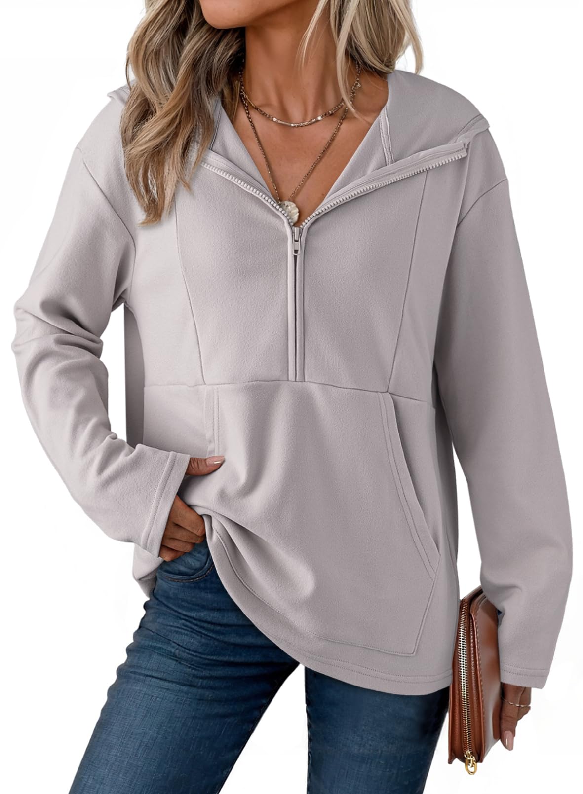 Dokotoo Kapuzenpullover Damen Hoodie Oversize Langarm Reißverschluss Half Zip Pullover Sweatshirts mit Taschen Oberteil Warm Weich Fleece Herbst Winter Lässig Hoodies Oberteile S-XXL
