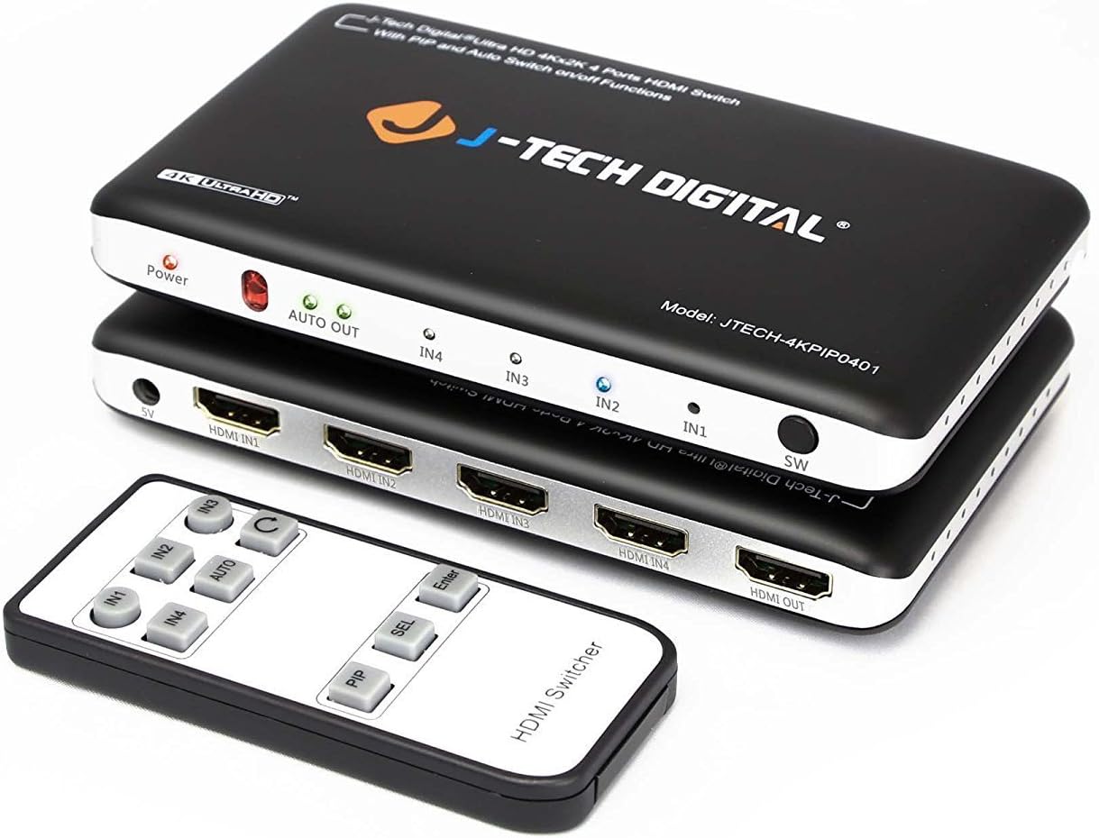 J-Tech Digital 4K@30HZ 4-Port HDMI Switch with PIP, IR, HDCP1.4 Wireless Remote Control, and Auto Switch ON/OFF Functions with Control4 Driver Available
