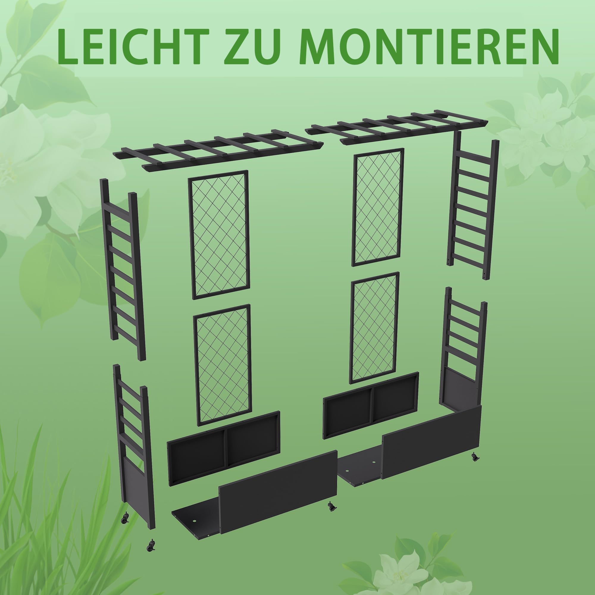 Hochbeet mit Rankgitter und Hängedach, freistehender Metall-Pflanzkasten mit Rollen, mobiler Pflanzkasten für drinnen und draußen für Kletterpflanzen, Blumen, für Garten, Terrasse und Hof
