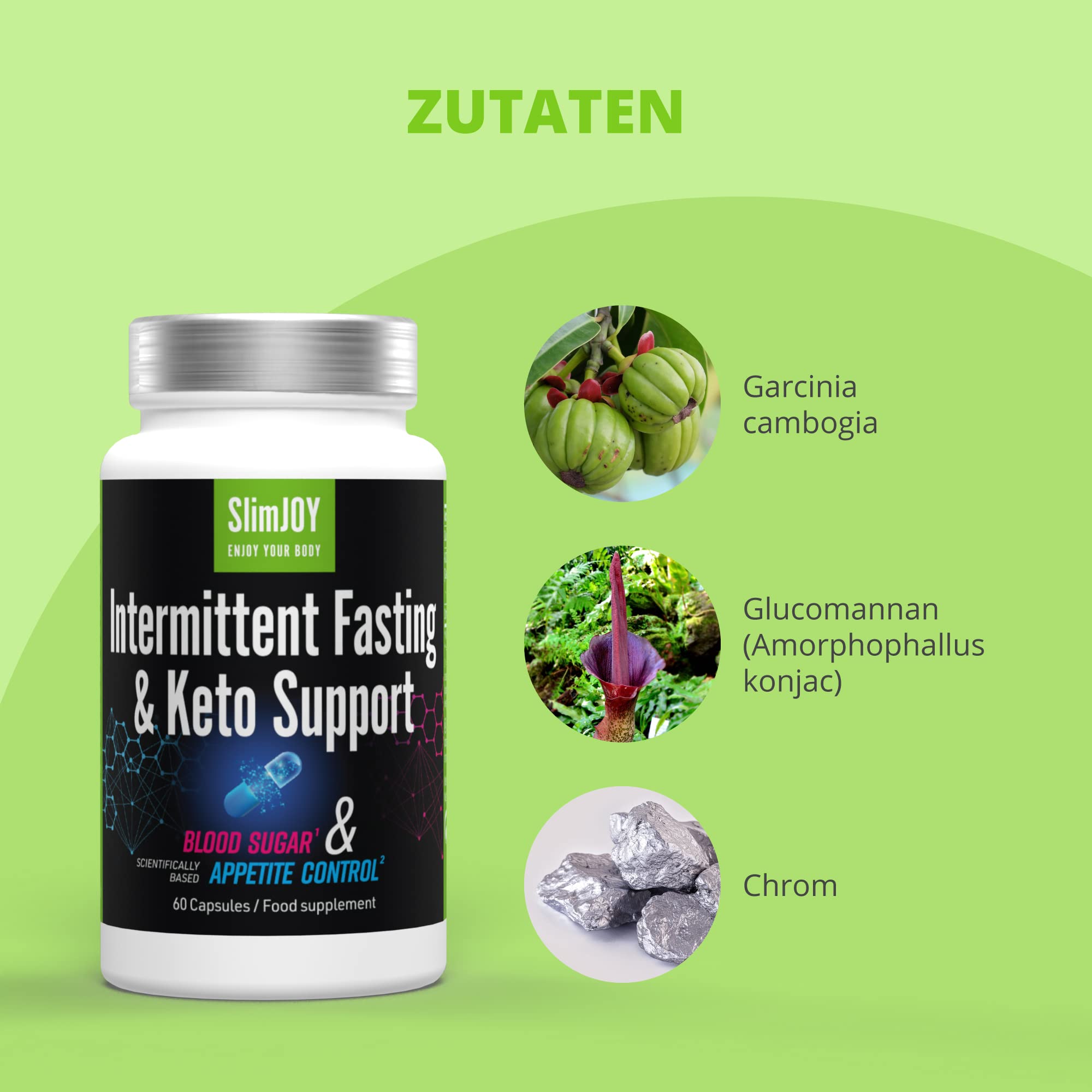 Abnehmen – Intermittent Fasting und Keto Support – 3000 mg Glucomannan aus der Konjac-Wurzel, 300 mg Garcinia Cambogia und Chrom – 180 Kapseln – mit Kostenloser E-Book-Ratgeber – SlimJOY Sensilab