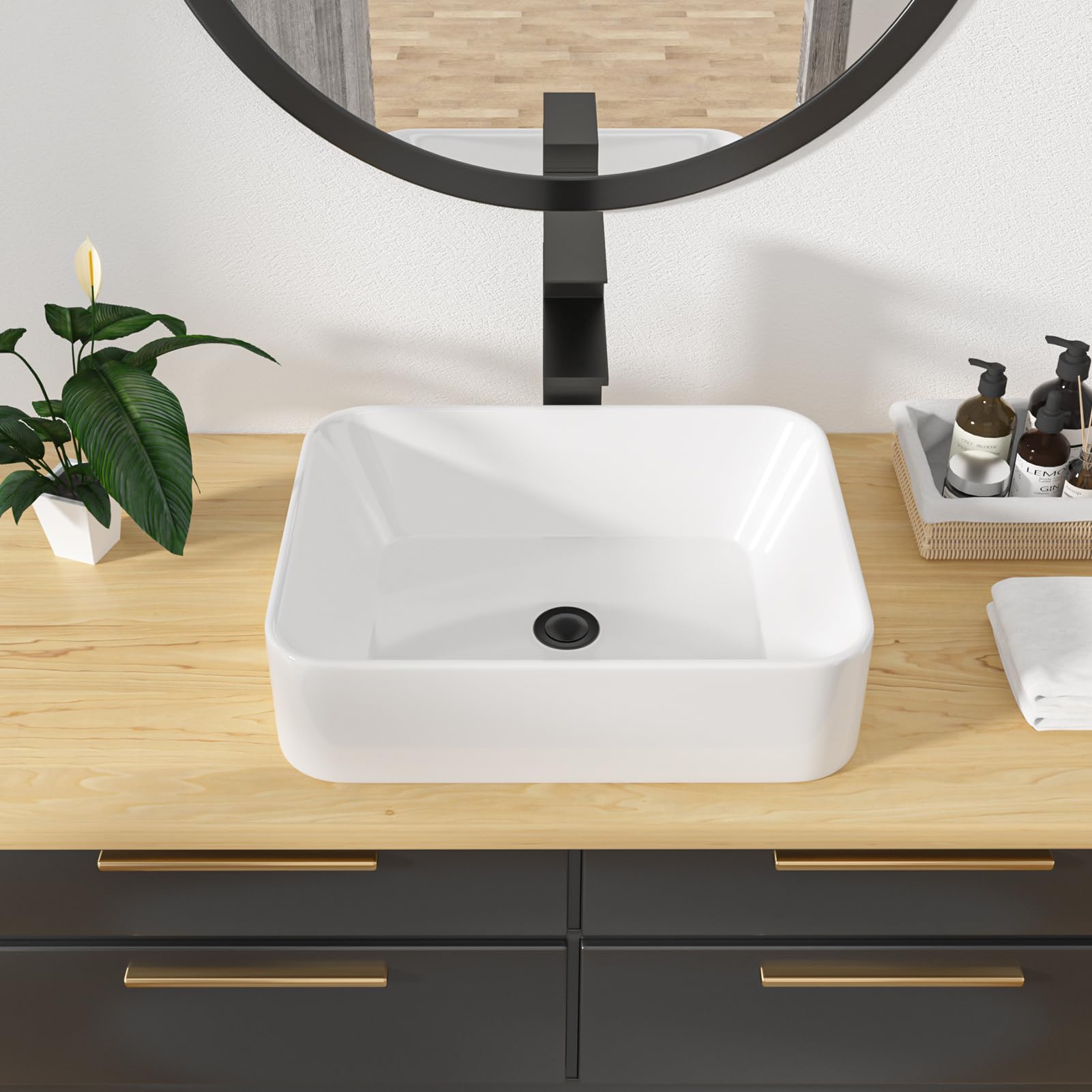 Kichae - Lavandino da bagno rettangolare – 48 x 38 cm moderno bianco lavabo da bagno rettangolare sopra il bancone porcellana bianca vaso in ceramica lavabo lavabo artistico