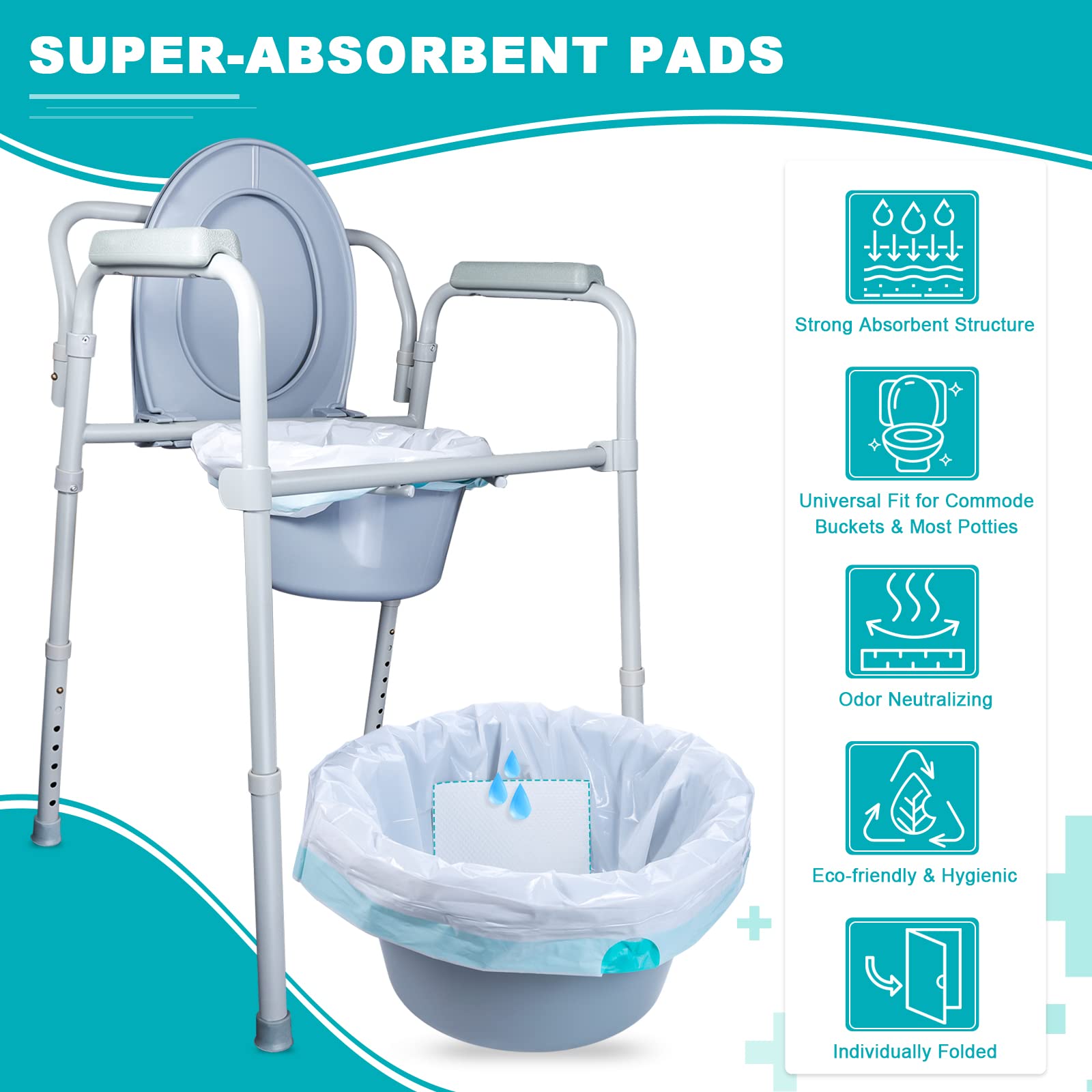 OUMEE 120 saugfähige Toiletten-Pads für Nachttisch, Toiletten-Eimer, Toiletteneinlagen mit saugfähigem Gel, Töpfcheneinlagen für Erwachsene, tragbare Toilettenbeutel, Bettpfannen (120 Stück/saugfähige
