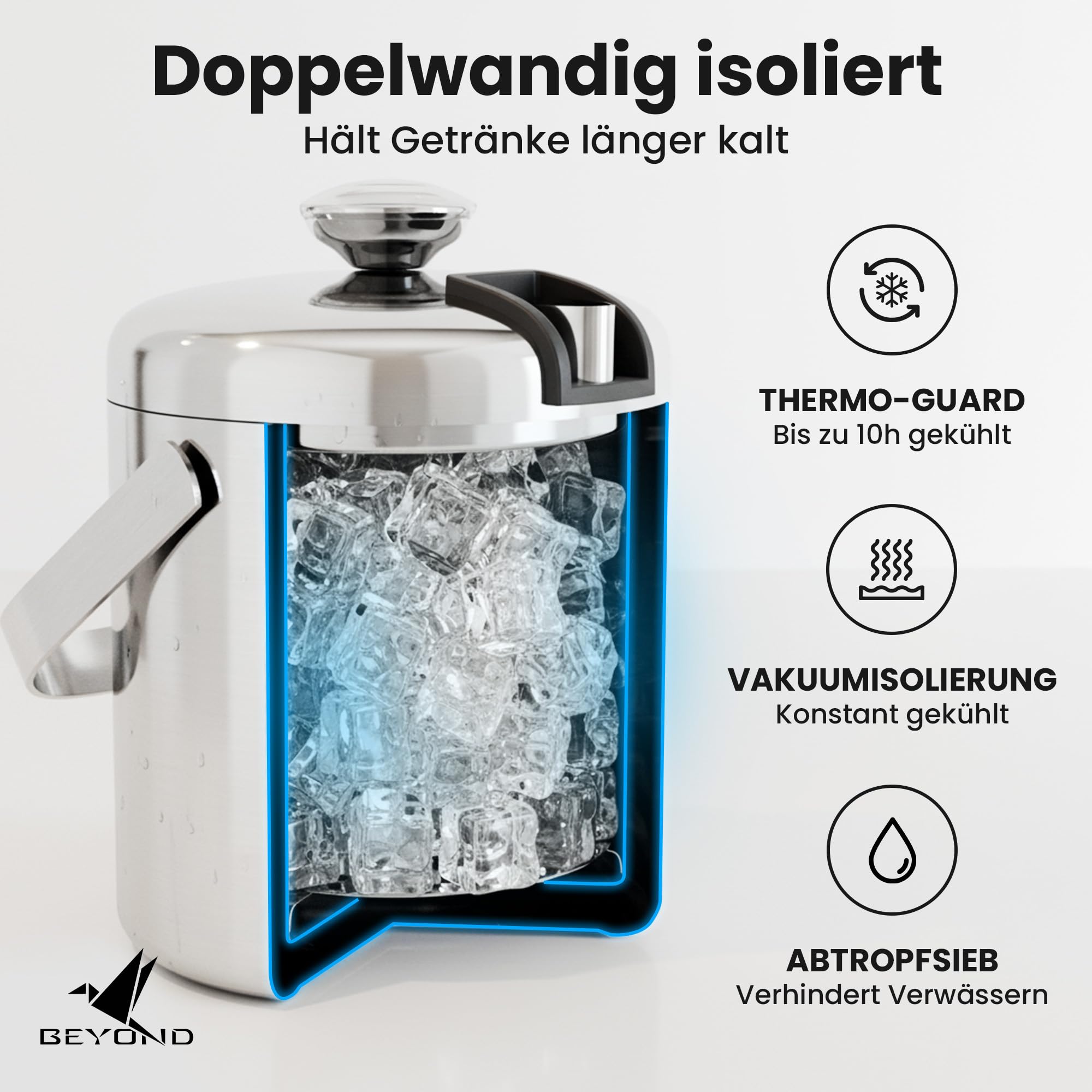 Beyond Eiswürfelbehälter mit Deckel und Zange 100% bpa frei aus Edelstahl - Eiswürfelkühler, doppelwandig, 1,3 Liter I Eiseimer für Eiswürfel, Eiskübel für die Eiswürfel Aufbewahrung
