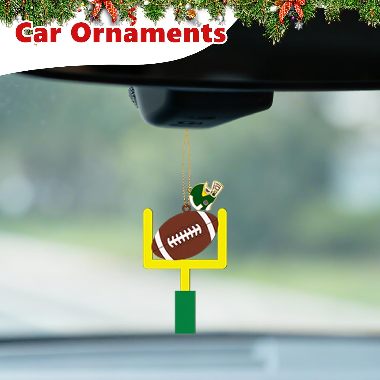 3.9 Inches Football Christmas Tree Ornaments with Mental Metal Helmet, Wooden Yellow Green Football Goal Xmas Decoration for Rugby Birthday Tailgate Party Home and Office Holiday Decor - Image 7