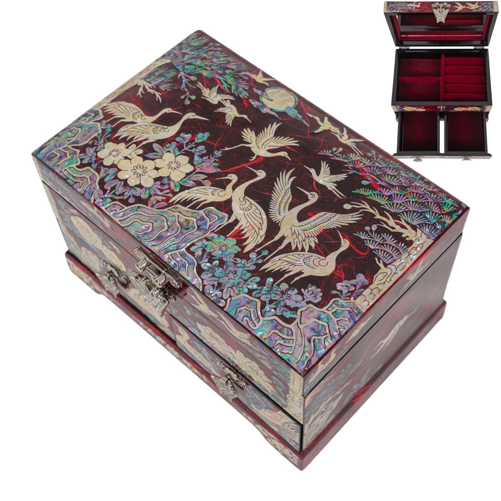 February Mountain Korean Mother of Pearl Jewelry Box 2-Drawer Keepsake Box with Mirror Traditional Oriental Trinket Organizer Gift