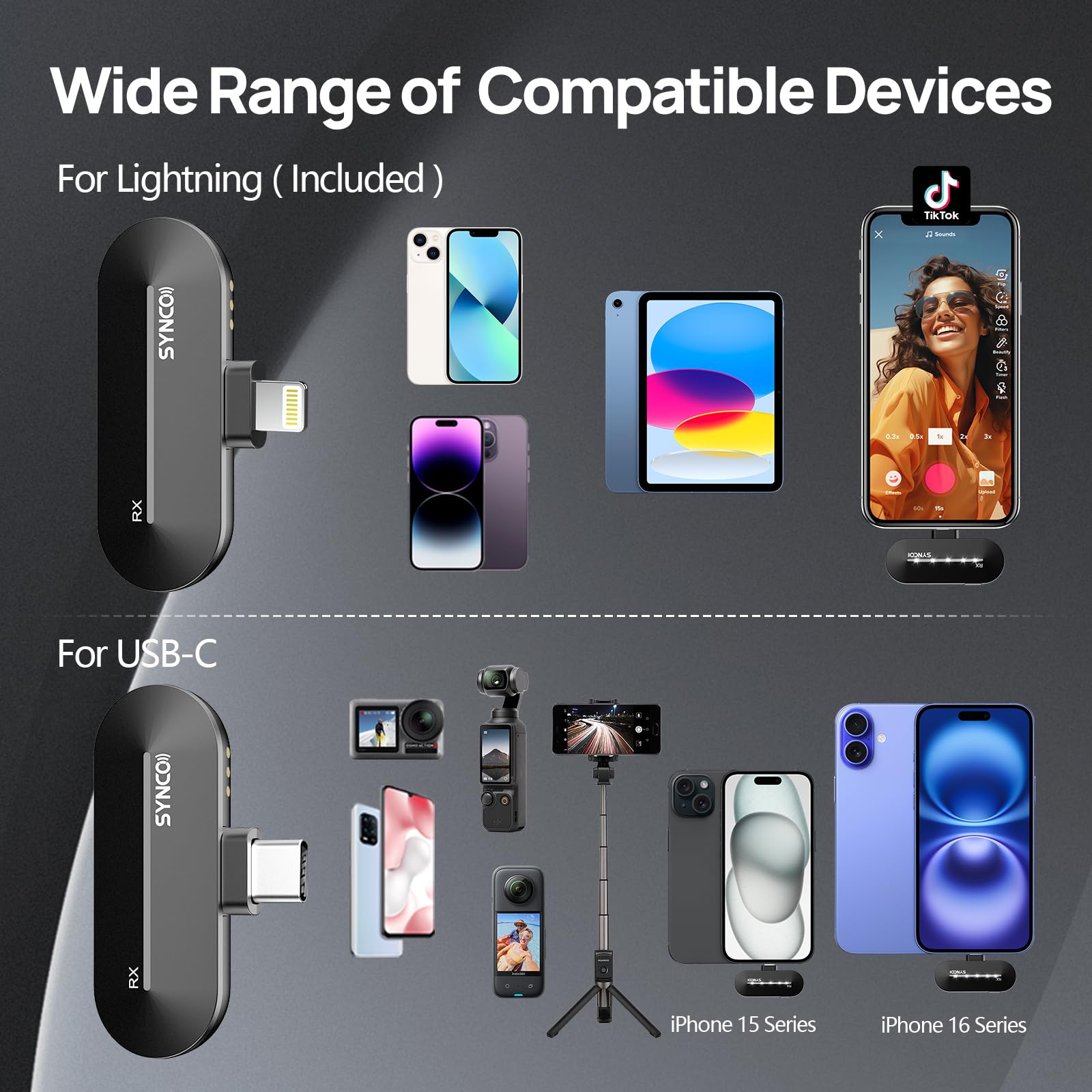 SYNCO Bezprzewodowy mikrofon z klapką do iPhone'a, P1SL Bezprzewodowy mikrofon krawatowy do iPada z etui ładujące【Certyfikat MFi】, Mikrofon-klapka-bezprzewodowy-bezprzewodowy-iPhone