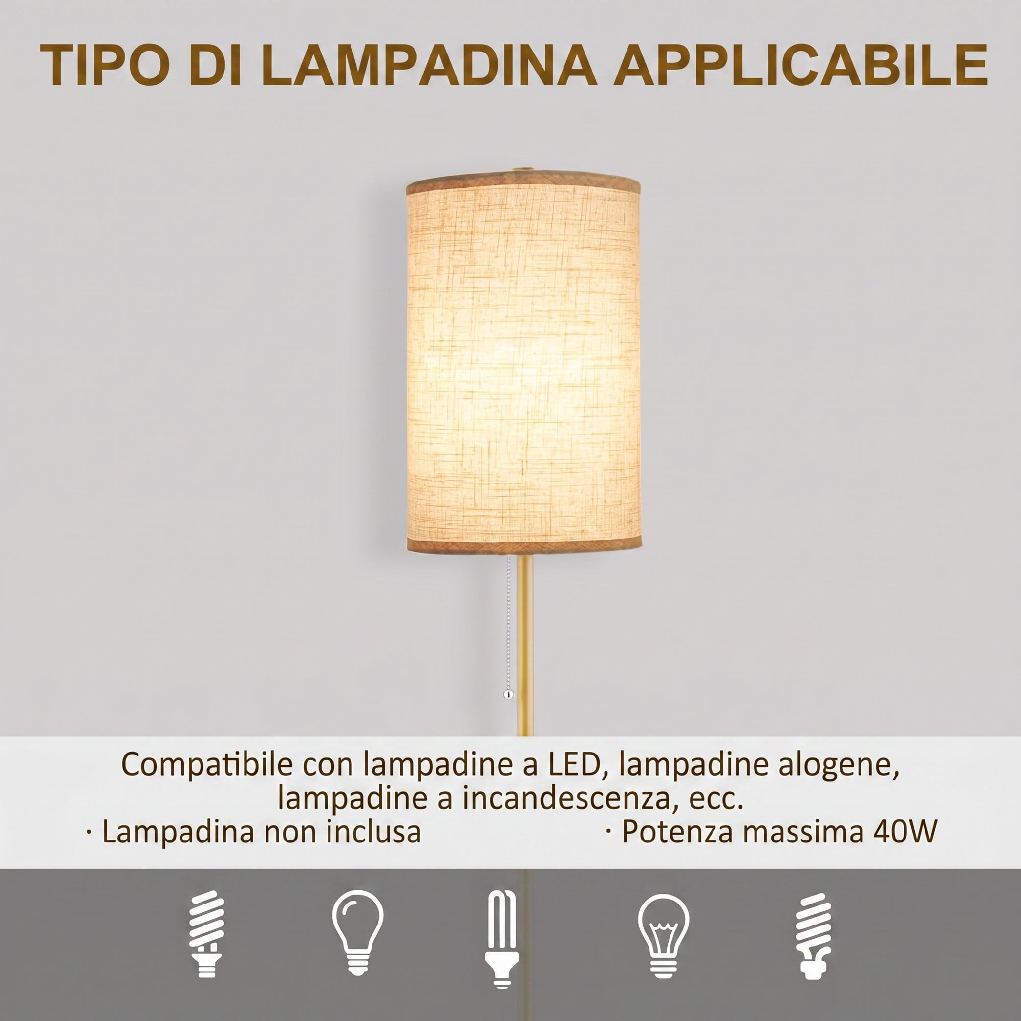 HOMCOM Lampada da Terra con Interruttore a Catena Attacco E27 Oro e Crema | Lampada da Pavimento, Paralume in Lino, Base in Acciaio, per Soggiorno e Camera