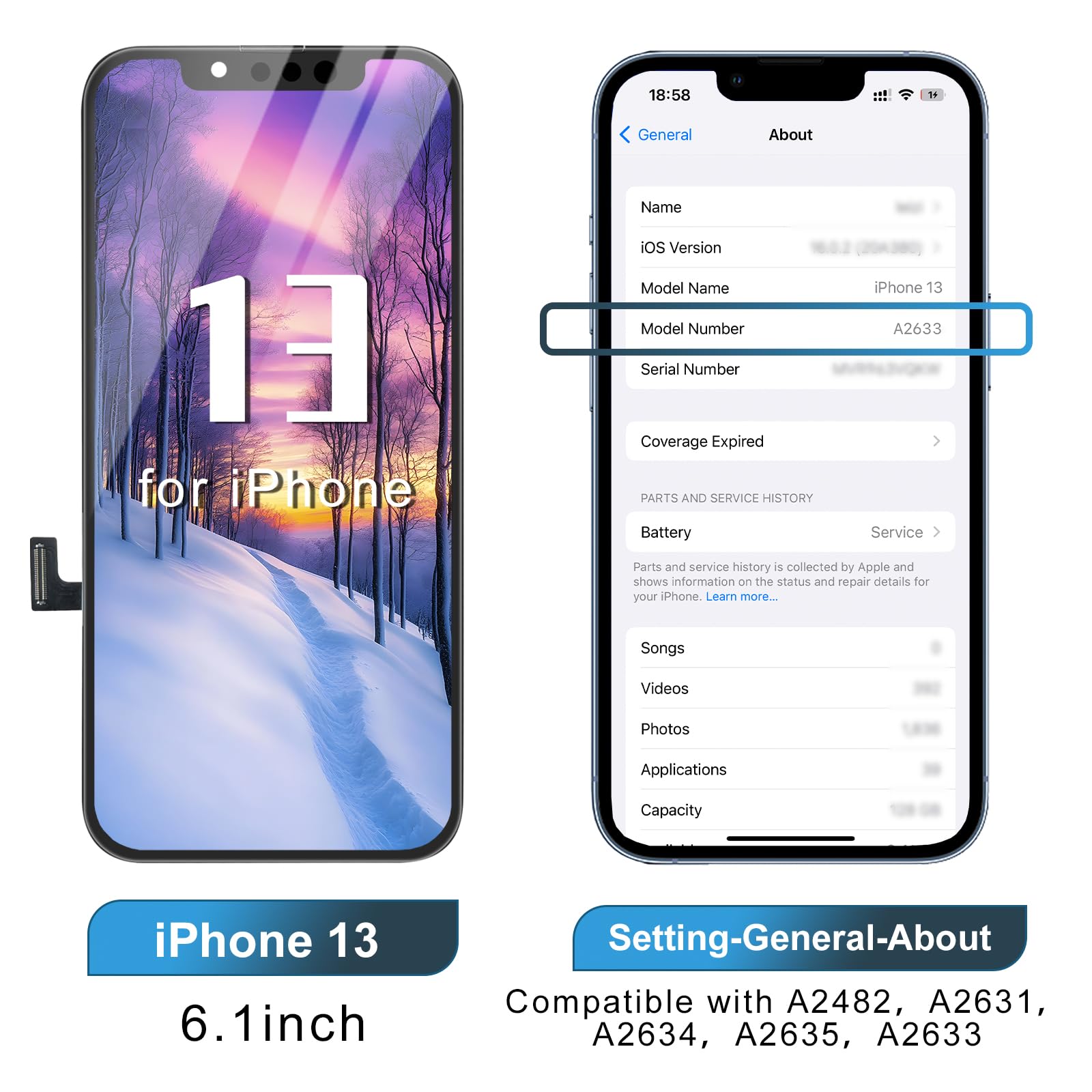Écran iPhone 13 6.1" LCD Remplacement avec Kit Réparation A2482 A2631 A2634 A2635 A2633