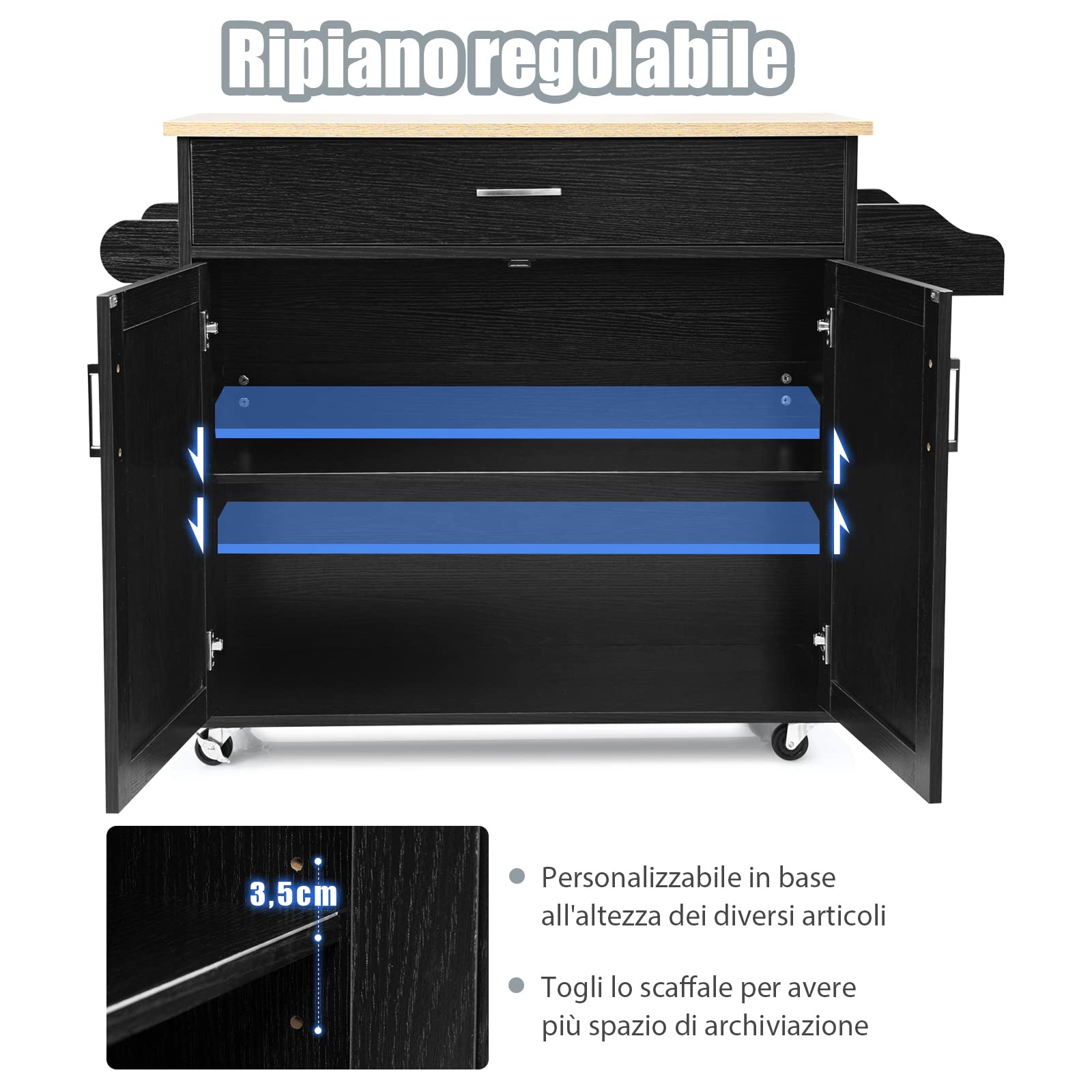 COSTWAY Carrello da Cucina con Ruote di Gomma, Scaffale per Microonde Carrello Servizio, Mobile Cucina con Ripiani e Ante, Credenza Cucina Legno Moderno Elegante, 116 x 37 x 85 cm (Nero)