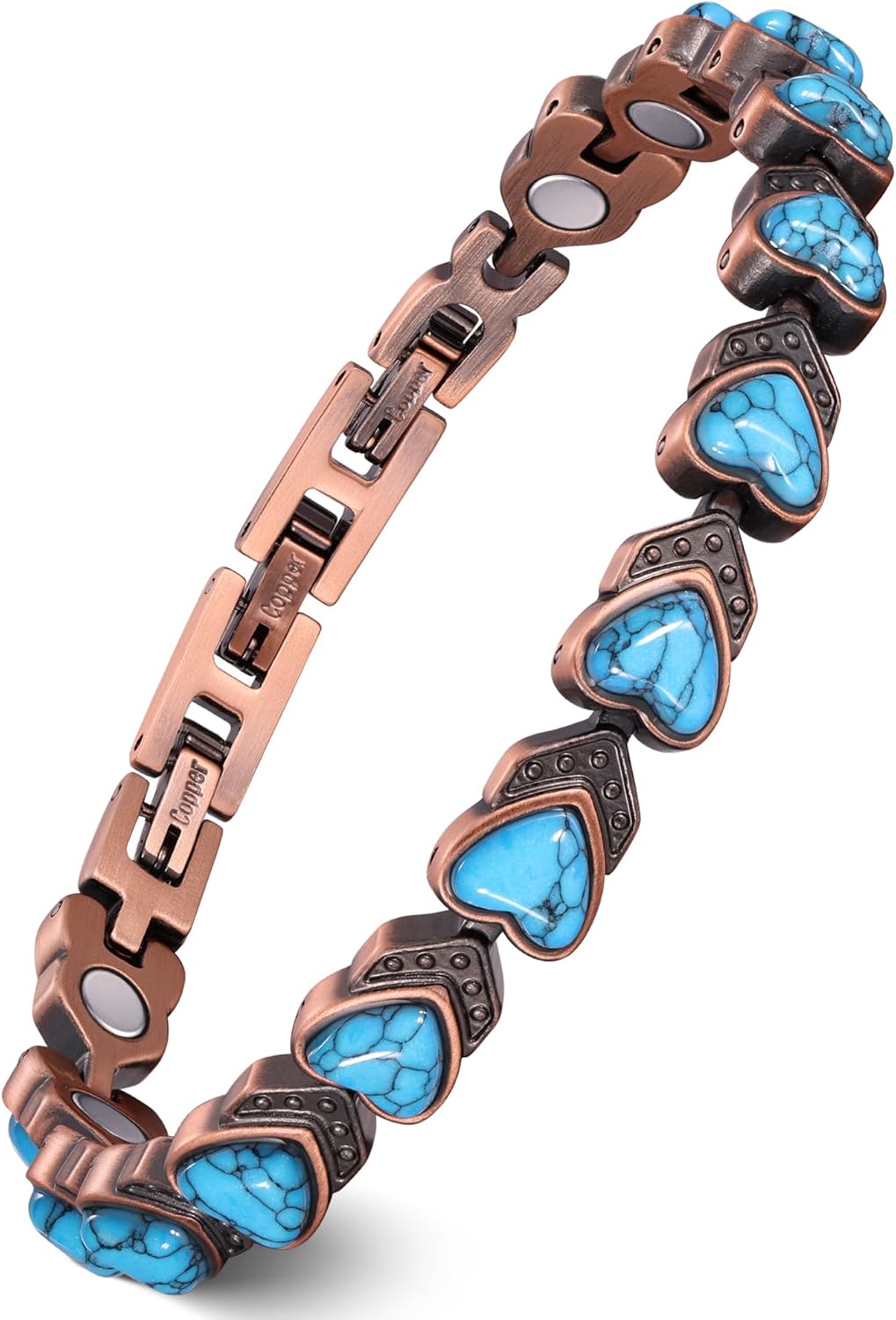 Feraco Pure Copper Bracelets for Women, Ultra Strength Magnetic Bracelet with 3800 Gauss Magnets & Natural Turquoise & Stones, Adjustable, Jewelry Gift