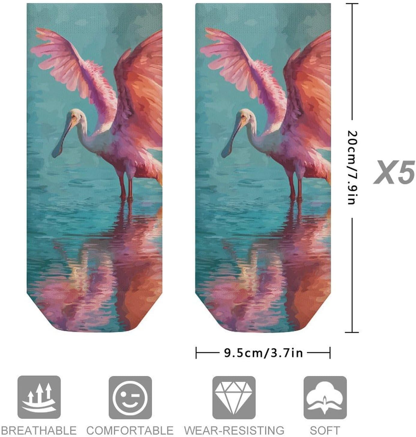 Roseate Spoonbill No Show Ankle Socks Low Cut Non Slip Flat Boat Line 5 Pairs Set