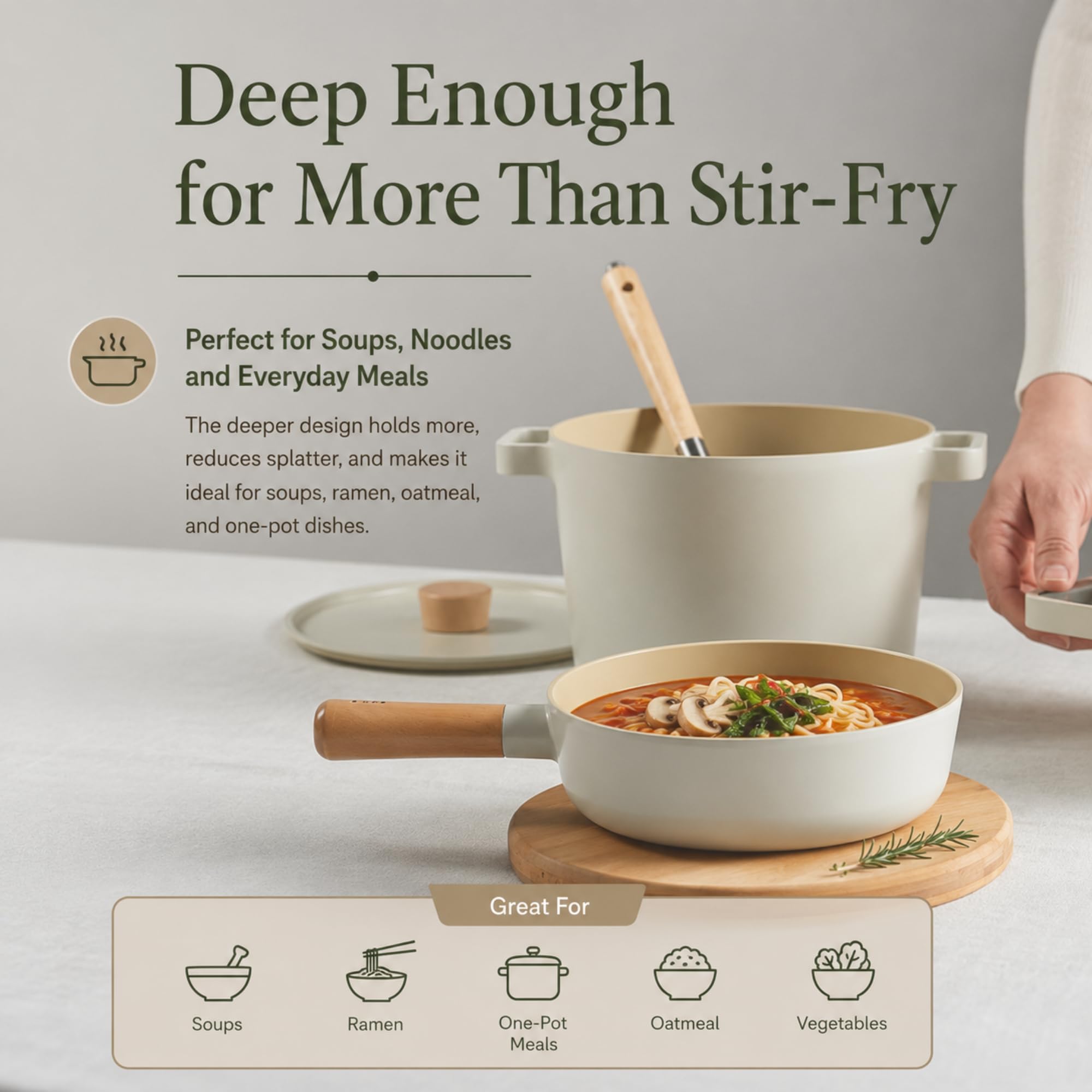 FIKA Mini-Wok mit Holzgriff, Induktions-kompatibles Kochgeschirr für alle Herdplatten, Küchenutensilien, Keramikbeschichtung, gesundes Kochen, Omelett-Bratpfanne, hergestellt in Korea (18 cm)