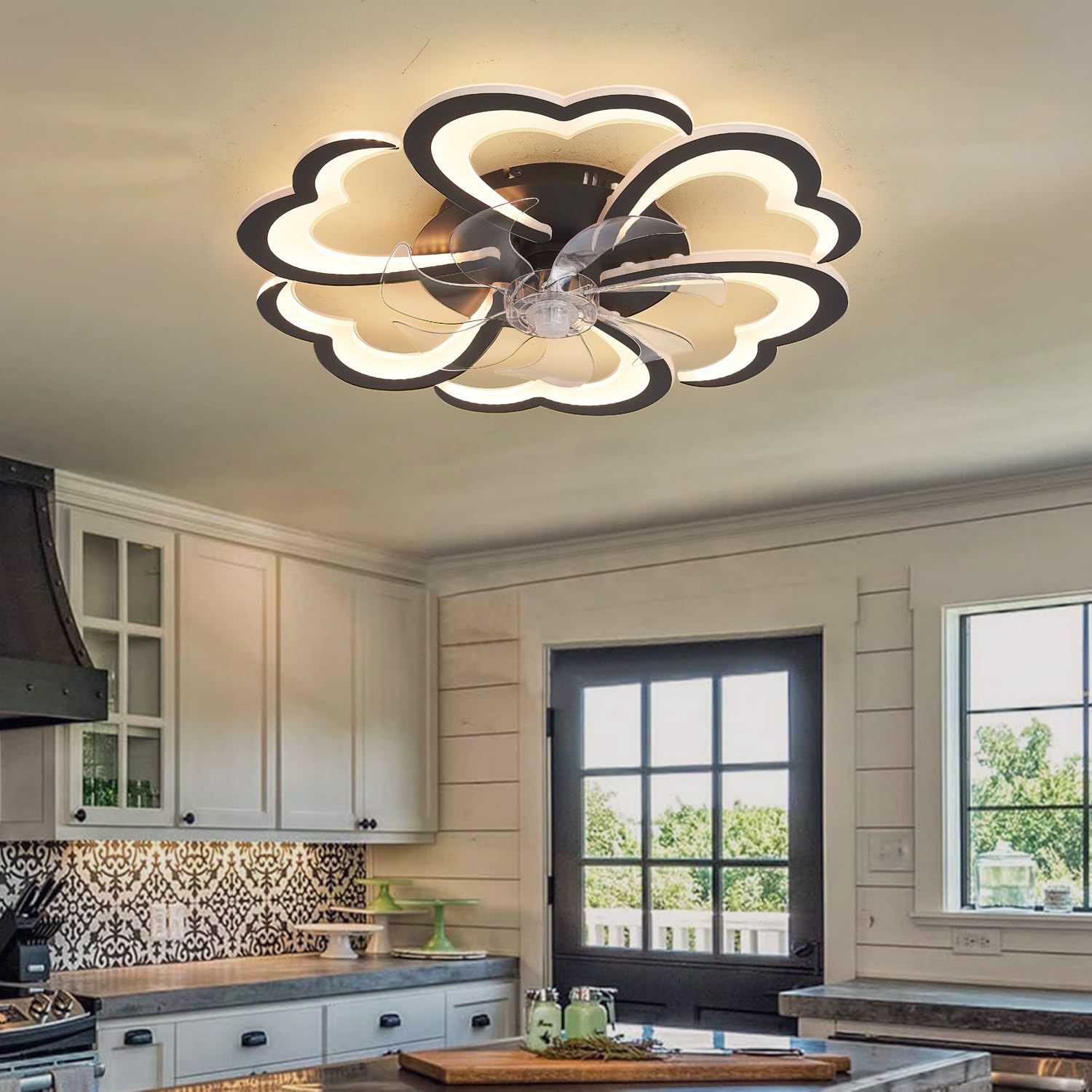 Deckenlampe Mit Ventilator Leise Alexa-kompatibel,Intelligente Deckenleuchte Mit Ventilator,Reversibel,6-Gang,Dimmbar,Schwarz,APP +Sprachassistent