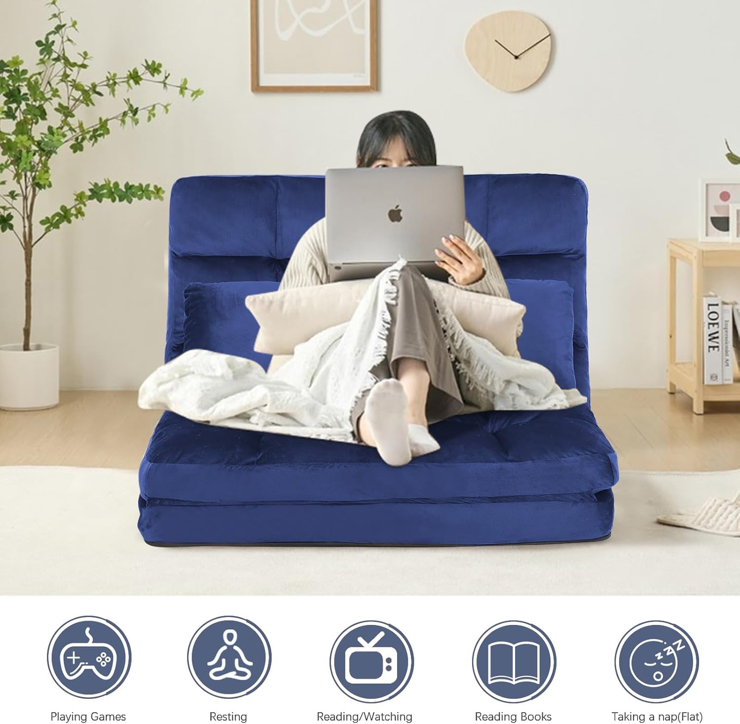 Adjustable Floor Sofa Couch with 2 Pillows Foldable Lazy Sofa Sleeper Bed Multi-Functional Floor Loveseat for Reading Gaming 8823S2 (Blue)