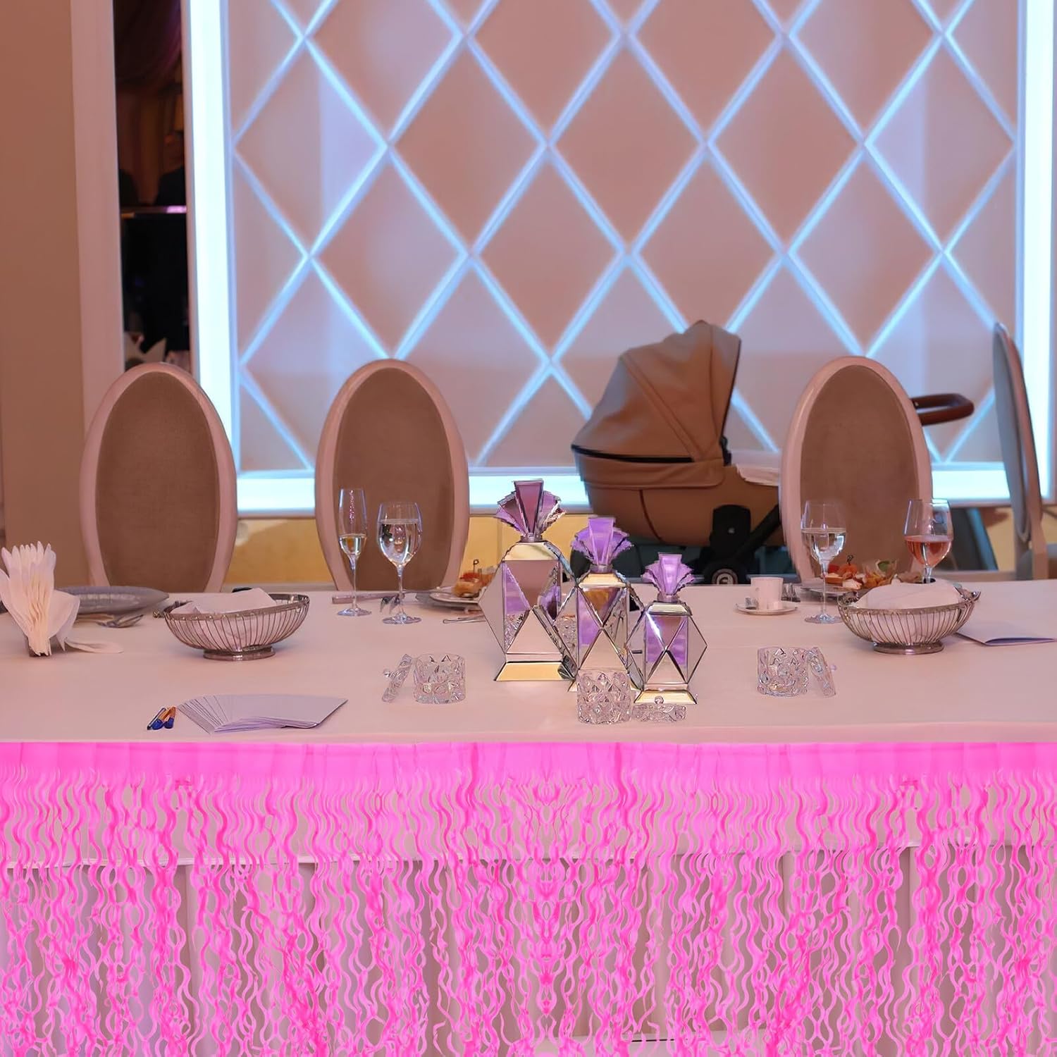 Pink PE Metallic Tinsel Table Skirt with Tassels for Xmas Party
