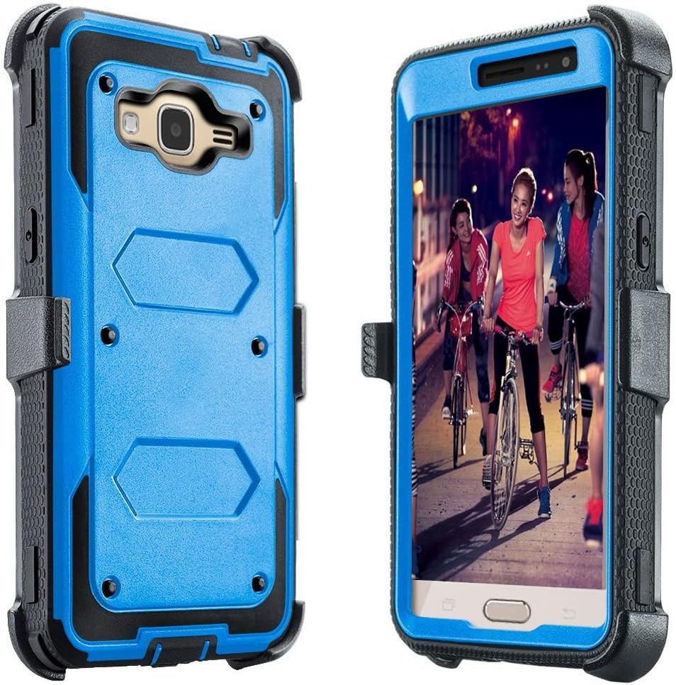 J.west Galaxy J3 Case, J3 (2016) Case, Hard Shock Absorption Full Body Rugged Hybrid Stand Holster Belt Clip Defender Phone Cover for J3, J3 (2016), J3 V, Express Prime, Amp Prime, Galaxy Sky- Blue