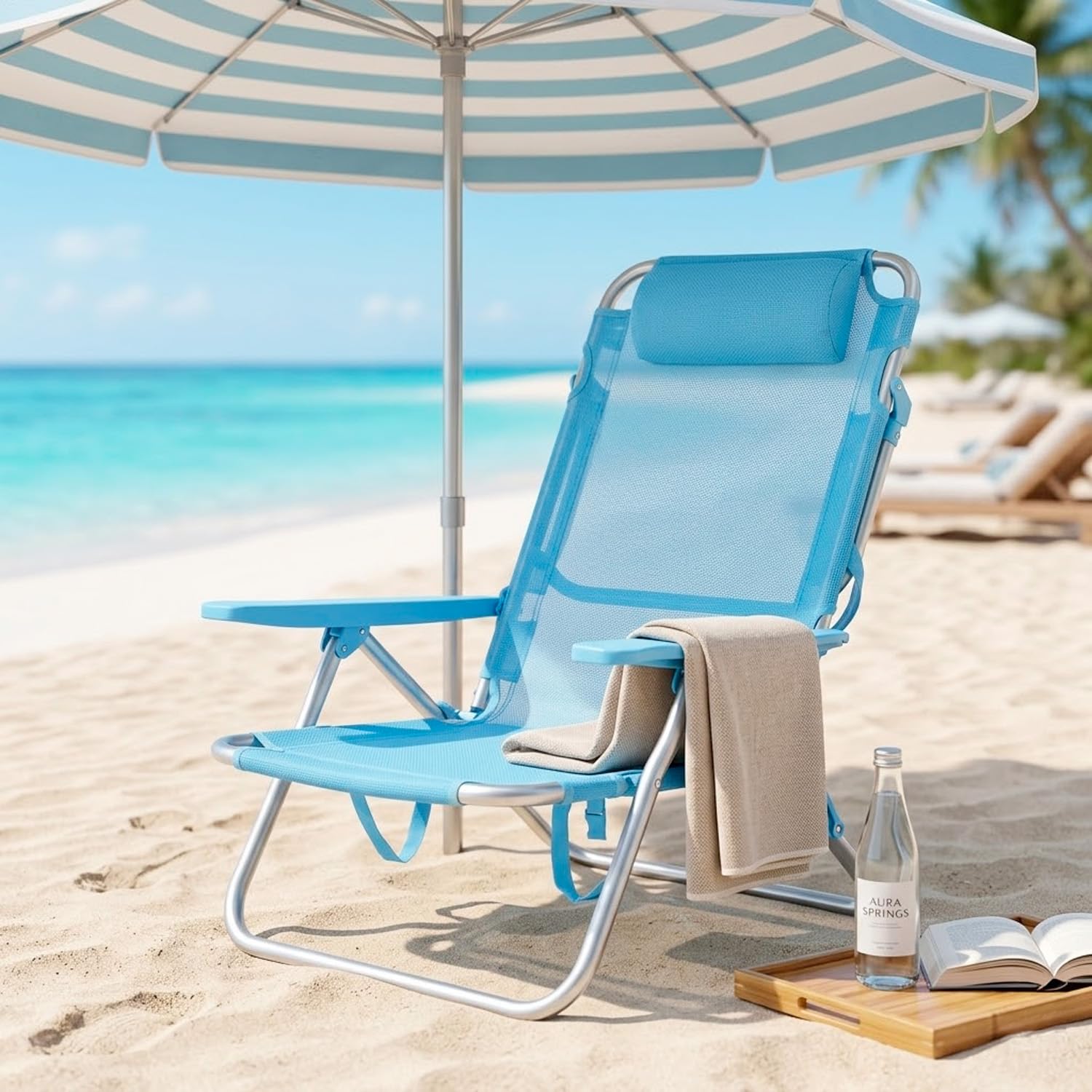 Arreditaly Spiaggina Relax Pieghevole Da Mare Con Telaio In Alluminio Seduta In Textilene Traspirante Poggiatesta Integrato E Braccioli Ergonomici Per Campeggio Outdoor 53 x 62 x 77 Cm Azzurro