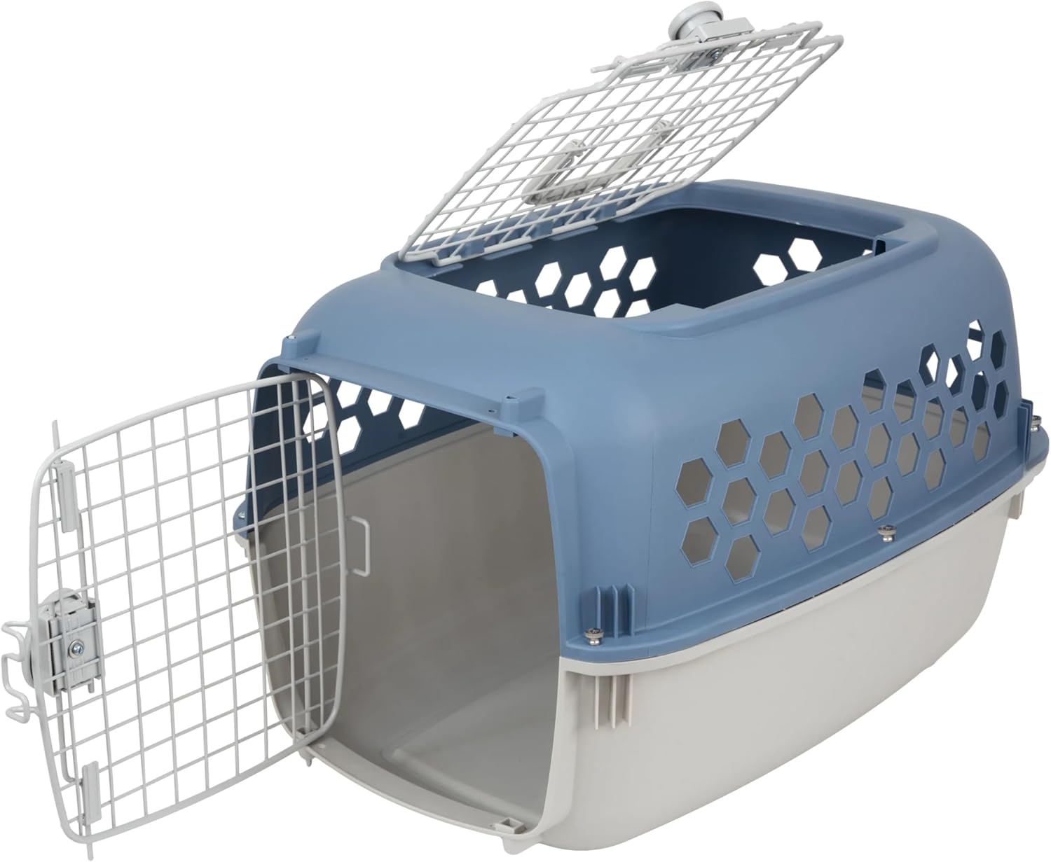 Heavy Duty Plastic Pet Carrier for Dogs & Cats up to 30 lbs, with Two Door Openings, Secure Latch, Ventilation Grilles, Medium Size (24" L x 16.5" W x 14.5" H), Blue