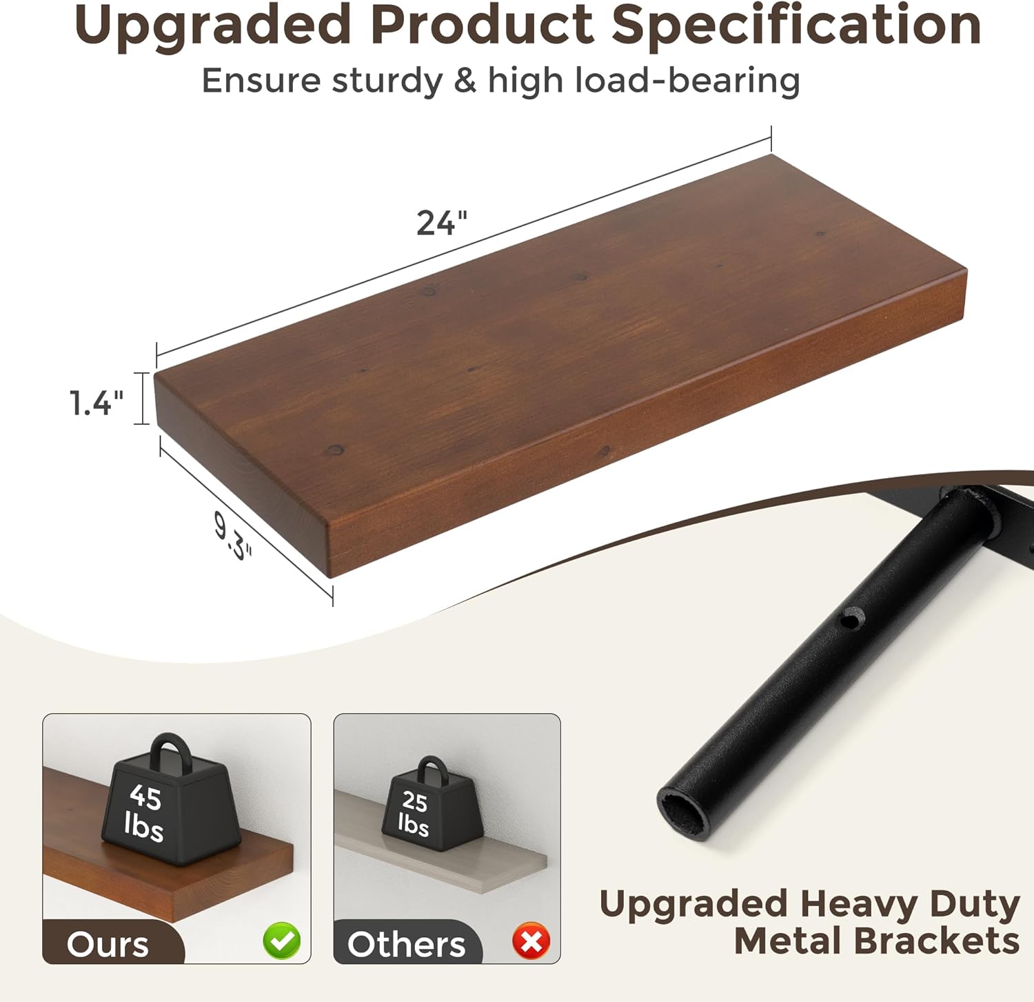 Axeman 24 Inch Floating Shelves for Wall, 9.3" Deep High End Solid Real Wood Wall Shelves with Heavy Duty Invisible Bracket for Living Room, Bedroom, Kitchen, Bathroom, Set of 2, Walnut Finish