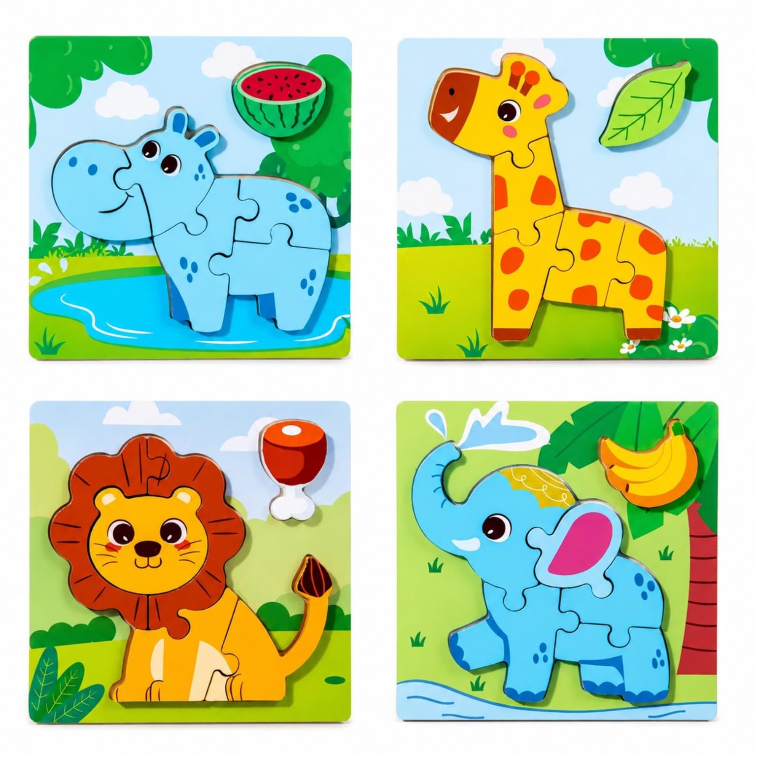 Safari Animal Puzzle Set of 4 – Wooden Animal Puzzles for Toddlers 3+, Montessori Learning Toys, Educational Jigsaw Puzzle, Fine Motor Skills, Preschool Gift for Boys & Girls