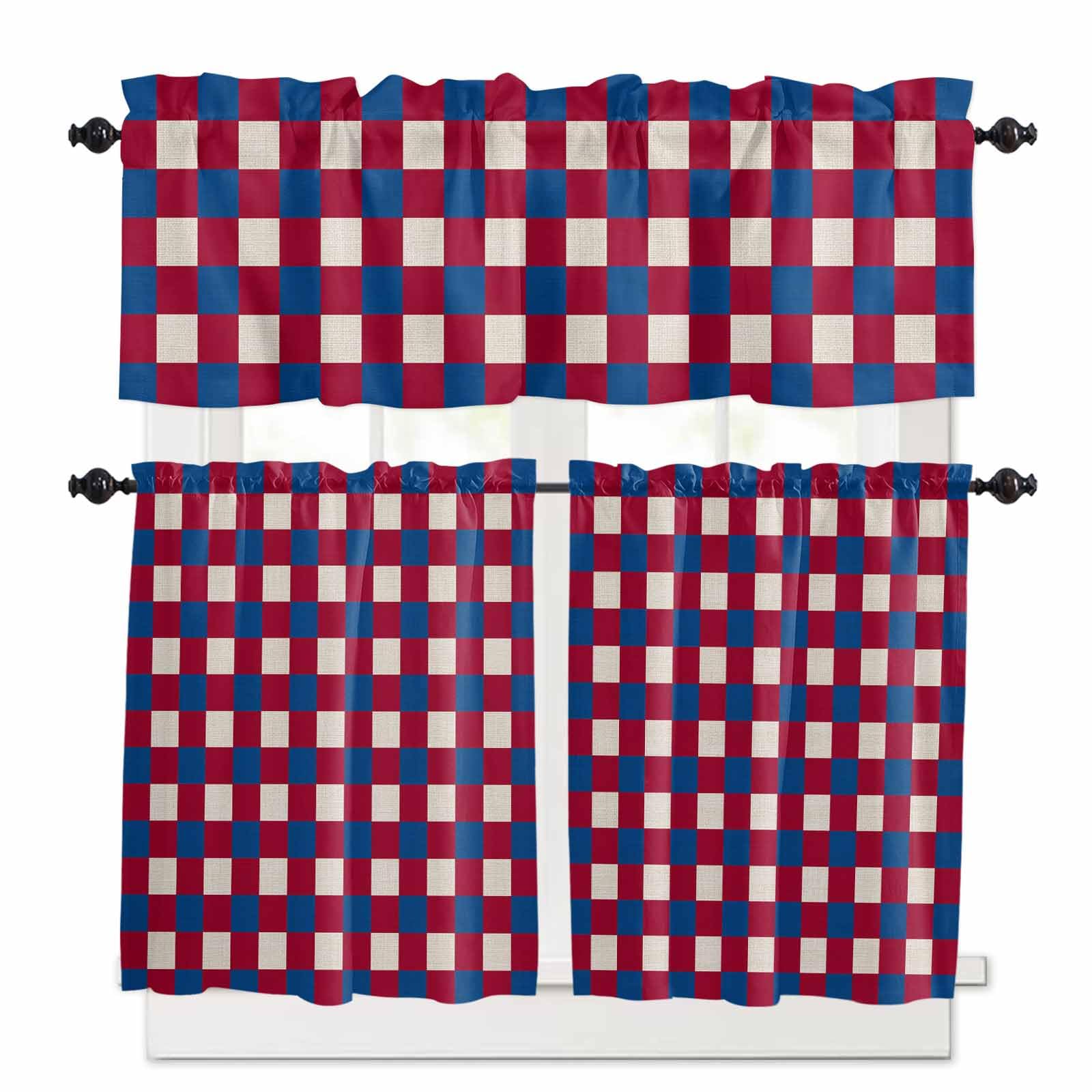 4th of July Red Blue Plaid Kitchen Curtains 36 Inch Length,3 Piece Rod Pocket Small Half Tiers and Valance Set,Independence Day Checkered Small Large Window Treatment Decor for Bedroom/Bathroom Sink