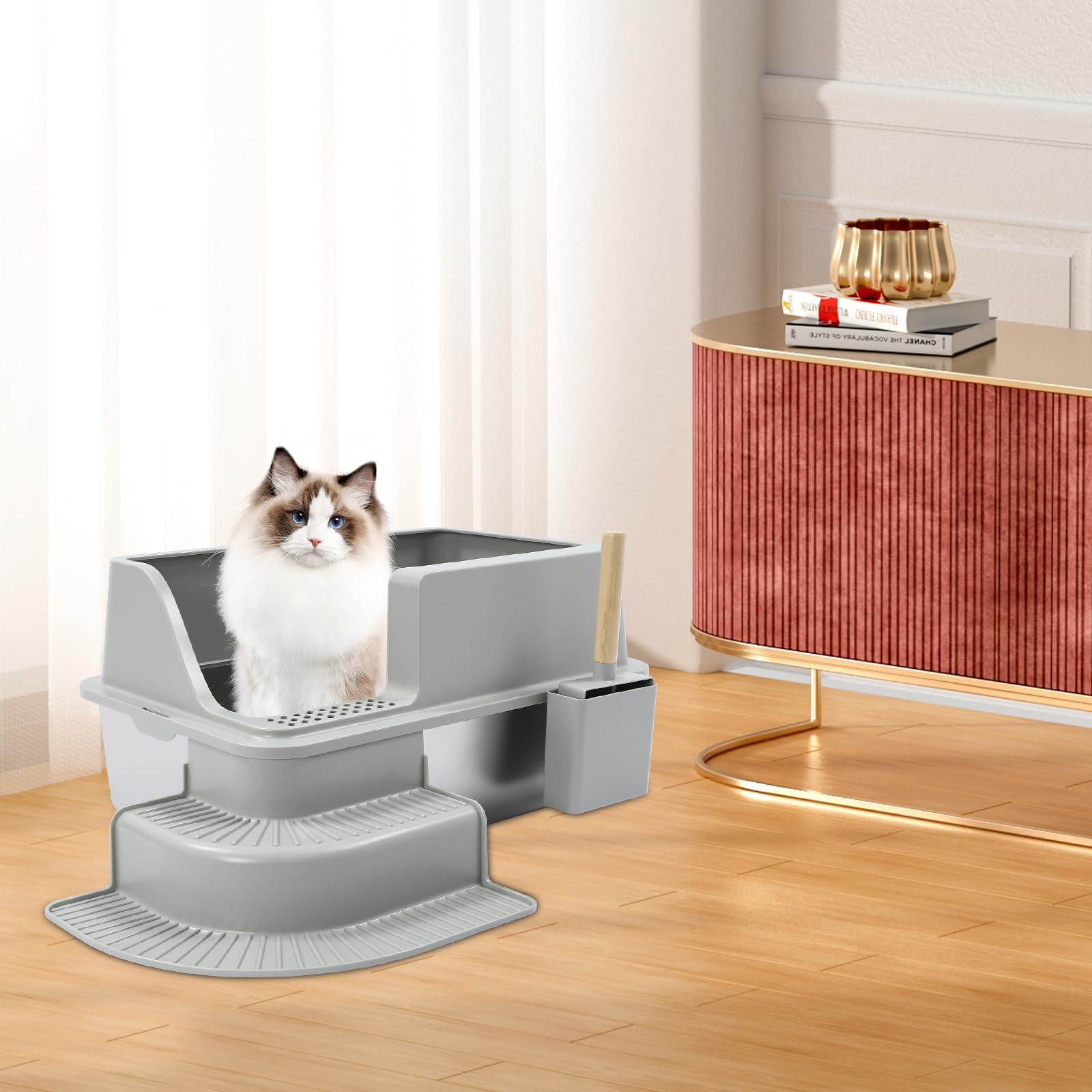 6 in-Height Cat Litter Box with High Sides, 18 Qt Capacity Large Litter Box for Big Cats, Enclosed Stainless Steel Kitty Litter Box with Lid, Scoop, Easy Cleaning, Non-Sticky