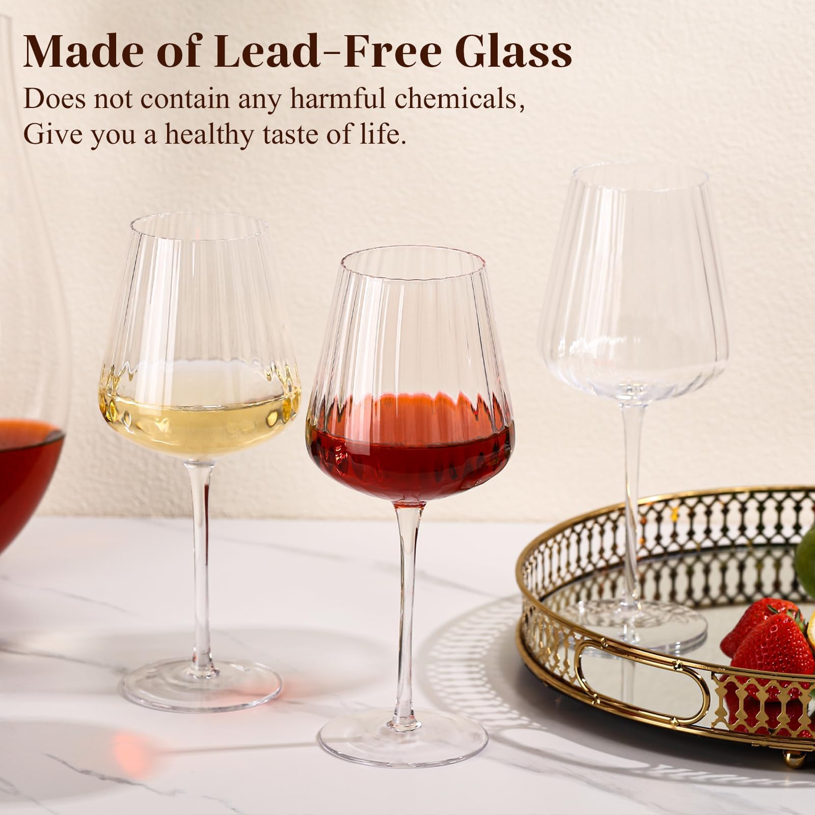 Elegantes, geripptes Weinglas-Set, 400 ml, bleifrei, Kristall, gerippt, Stielgläser für Rot- und Weißwein, Premium-mundgeblasene Gläser für Hochzeiten, Dinnerpartys und besondere Anlässe