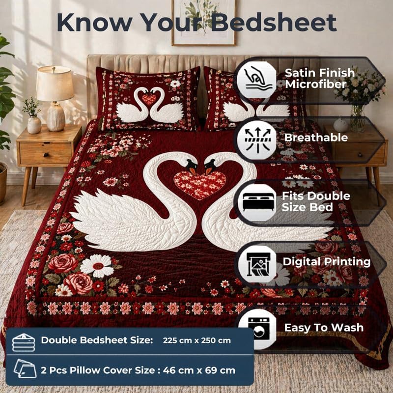 Image of Premium 7D Printed King Size Bedsheet Set with Pillow Covers Soft Cotton Blend Double Bedsheet for Home (Pillow Covers :18x28 inches Bedsheet :90x100 Maroon)