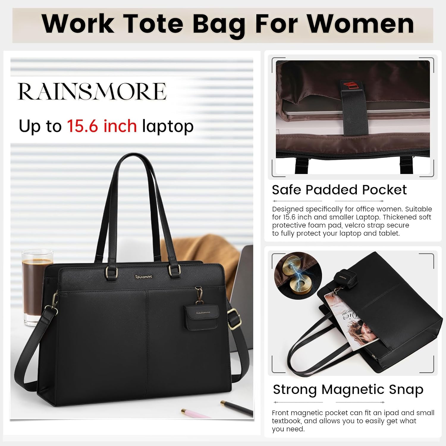 RAINSMORE Laptop Bag for Women 15.6 Inch Work Tote Bags Waterproof Leather Laptop Computer Tote Professional Briefcase - Image 3