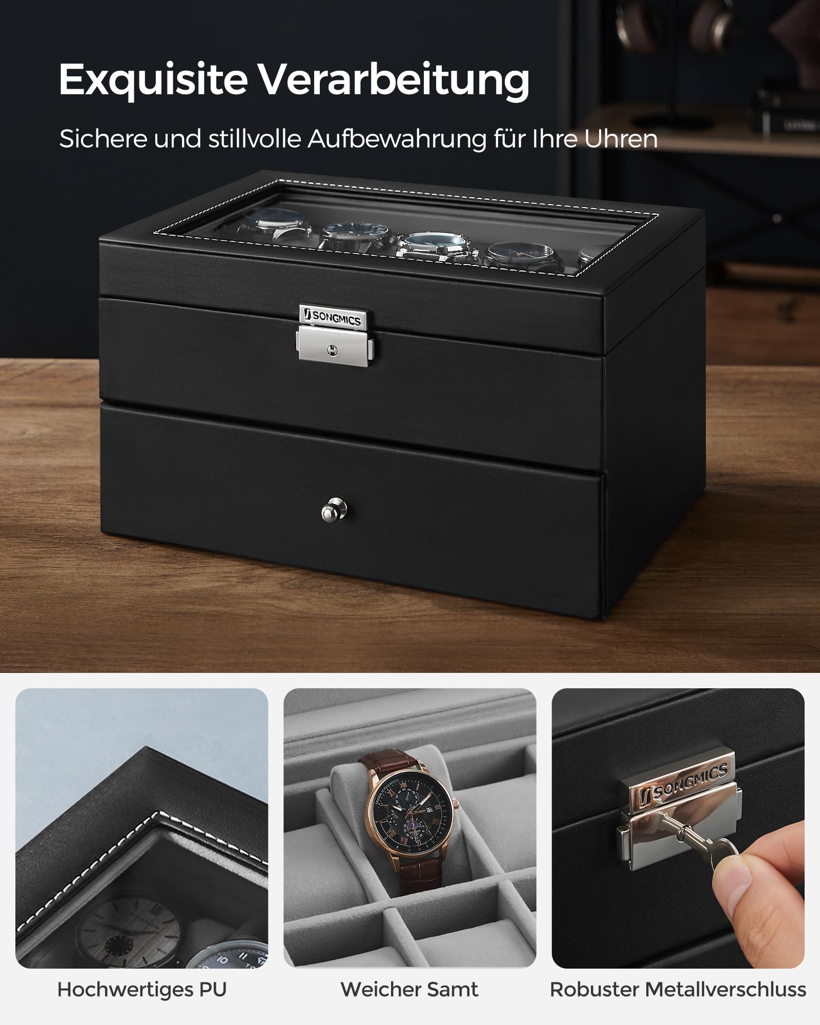 SONGMICS Uhrenbox, Uhrenkasten mit Glasdeckel, 2 Ebenen, Uhrenkoffer mit herausnehmbaren Uhrenkissen, Uhrenschatulle, Geschenkidee, PU-Bezug in Schwarz, Samtfutter in Grau JWB020