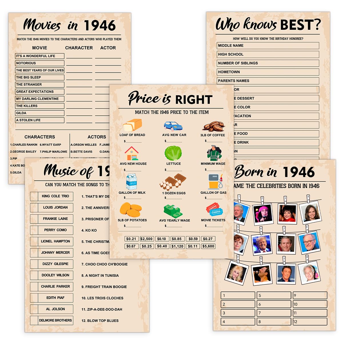 QUPT 80th Birthday Party Games, Born in 1946 Games Bundle, Set of 5 Activities for 10 Guests, Birthday Party Supplies for Adults, Pack of 50 Cards