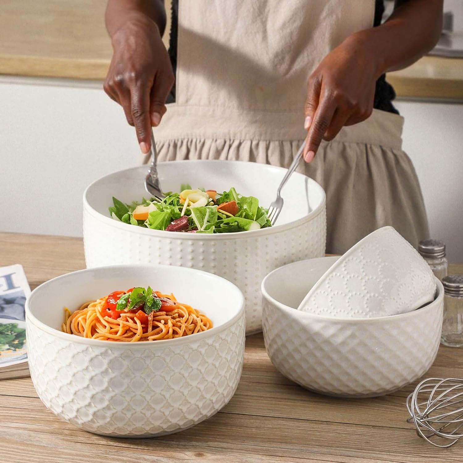 Ceramic Mixing Bowls, 27/53/84/162 oz, set of 4, Embossed large Mixing Bowl set, Serving bowls, Kitchen Dishware, Prep, Gift, Microwave and Dishwasher Safe, Modern Farmhouse Decor - Image 4