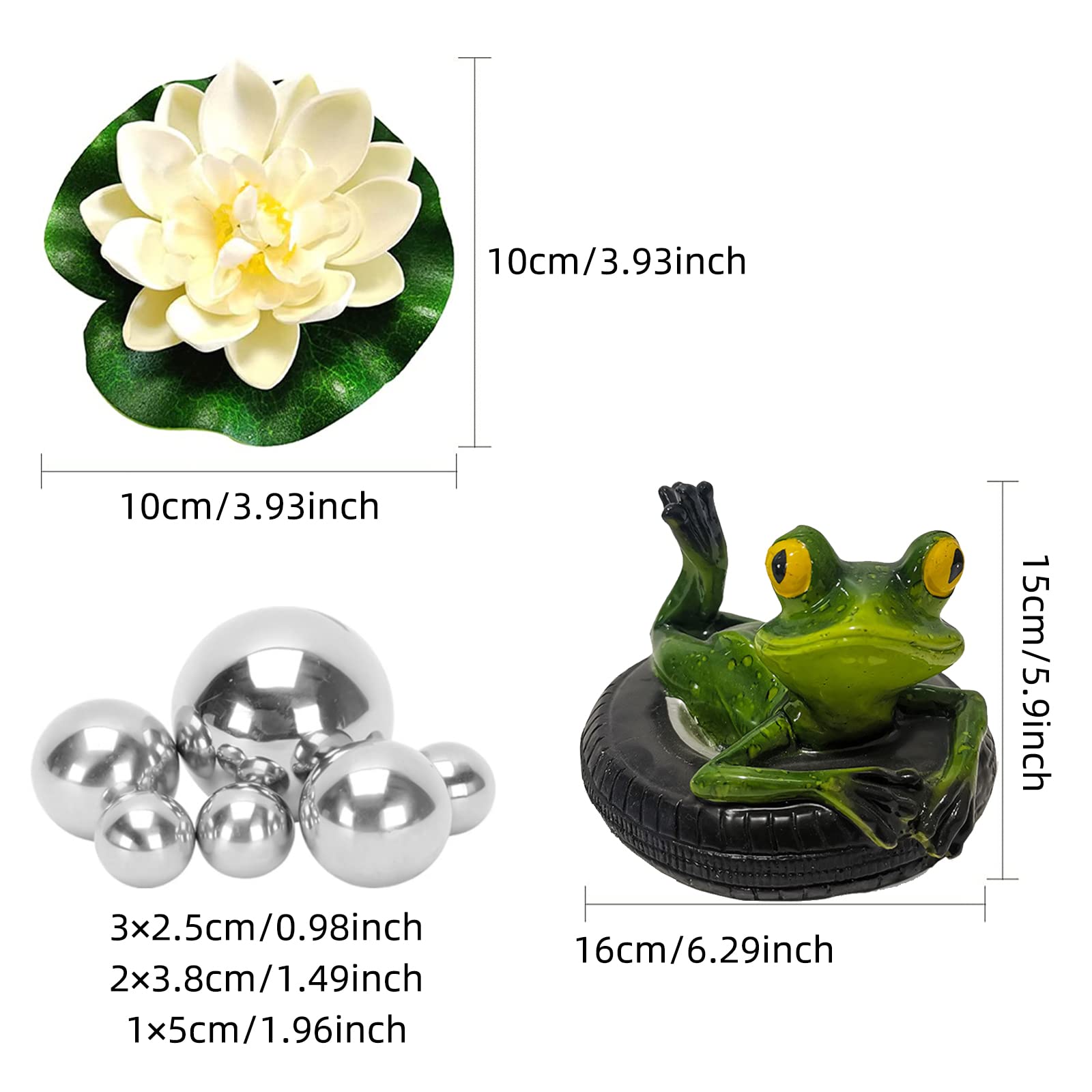 Set de decoración para Estanque de jardín, Dos Ranas con Bolas de Plata y 2 Unidades de Flor de Loto como decoración de jardín para Estanque pequeño (Rana de Espalda)