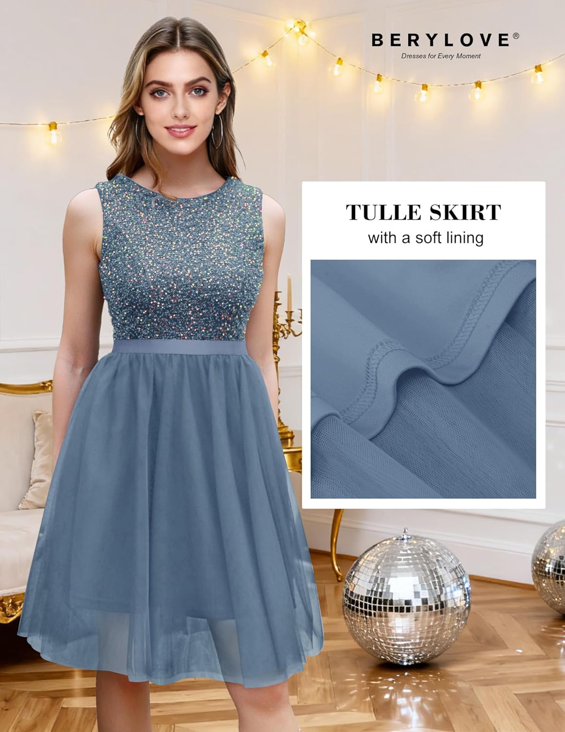 BeryLove Sequin Dress Vintage A Line Wedding Formal Swing Tulle Dress Sleeveless Cocktail Mini Dress - Image 4