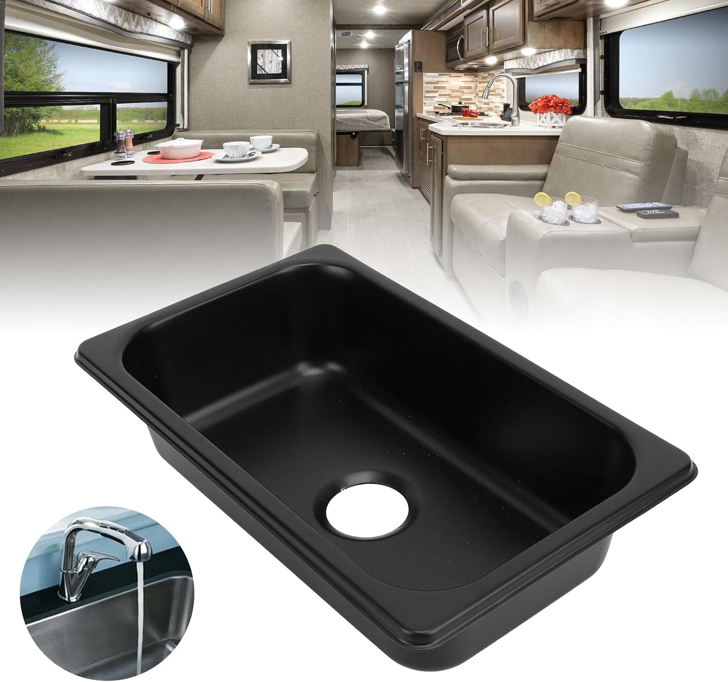Stainless Sink, RV 304 Kitchen Rectangular Hand Wash Basin Sink with 40mm Sewer Outlet for Boat Caravan Yachts Boats (Spray Black GR‑1465B)