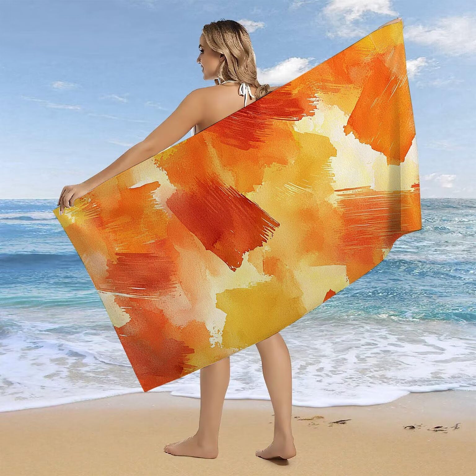 Strandtuch XXL 2er Set 80 x 160 cm, Groß Schnelltrocknendes Mikrofaser Handtuch, Sandfrei Badetuch, Summer Must Haves, für Damen Herren Reise Urlaub Sauna, mit Tasche (Orange Nordeuropa) B-236