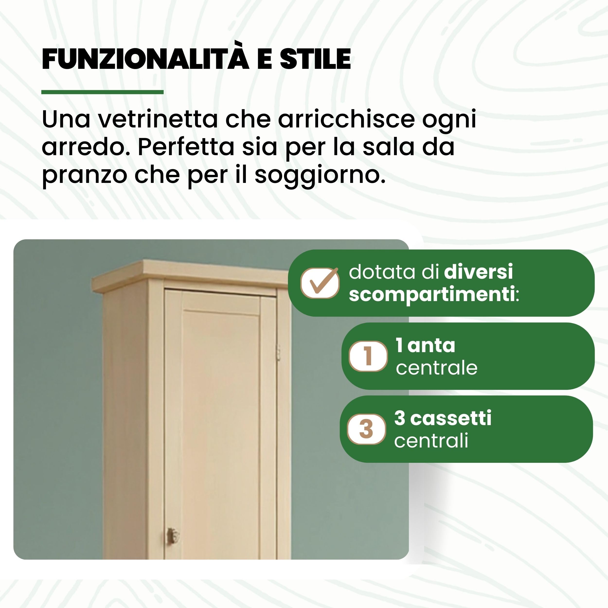 Mar.c.a. Design - Vetrinetta Arte Povera in Legno 45x41x187 cm - 1 Anta 3 Cassetti con Base Piatta - Made in Italy