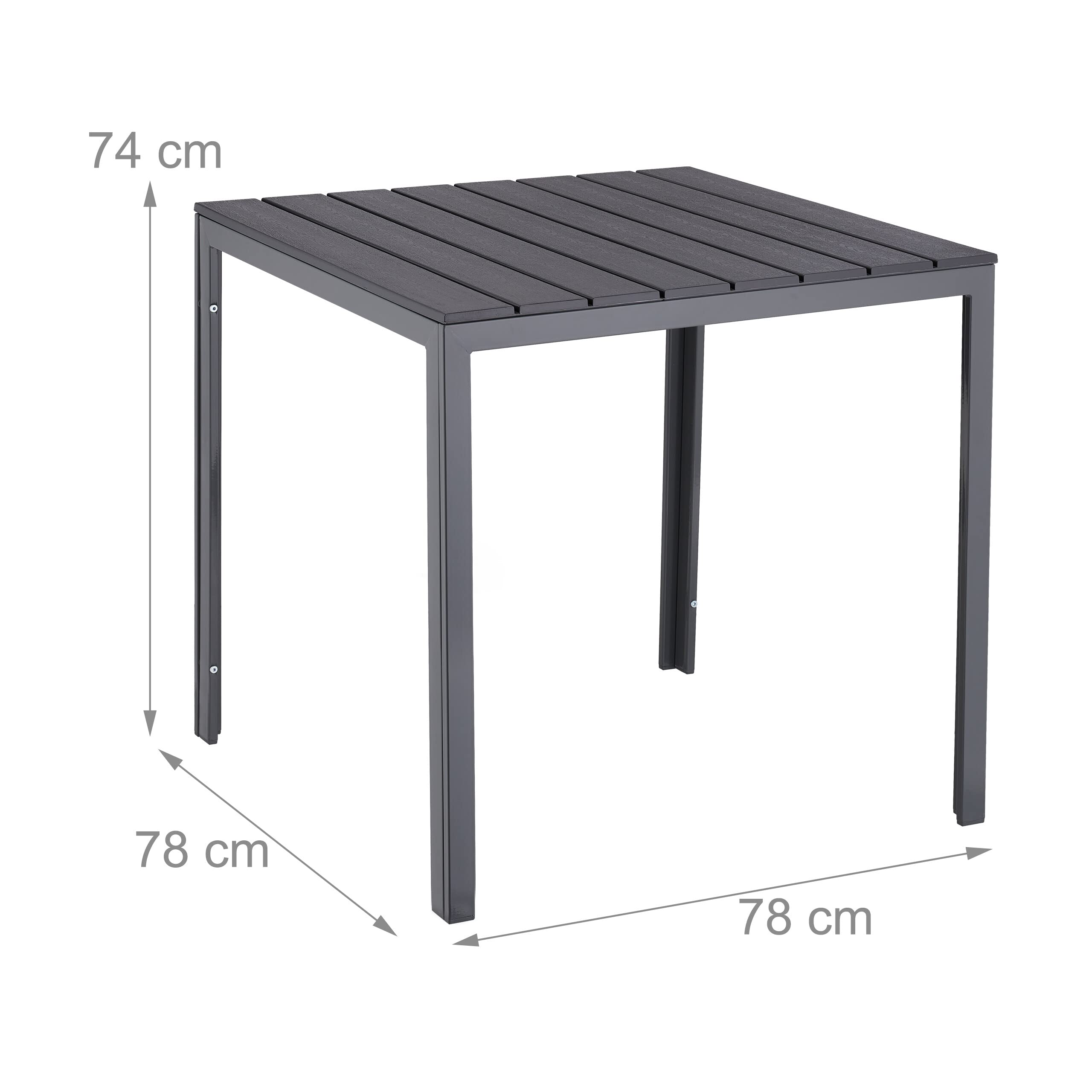 Relaxdays Gartentisch, HBT: 74 x 78 x 78 cm, Balkontisch Holzoptik, Kunststoff, Stahl, Terrassentisch quadratisch, grau
