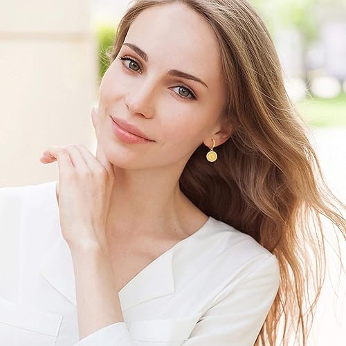 Miniatura 3 de Delicados aretes de aro colgantes para mujer, chapados en oro de 14 quilates, arracadas pequeñas con moneda de dije mal de ojo