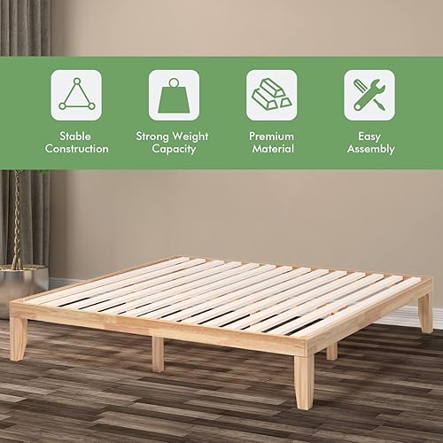 Miniatura 9 de COSTWAY Marco de cama de plataforma tamaño King, base de colchón de madera de goma maciza de 14 pulgadas con soporte de listones resistentes, marco