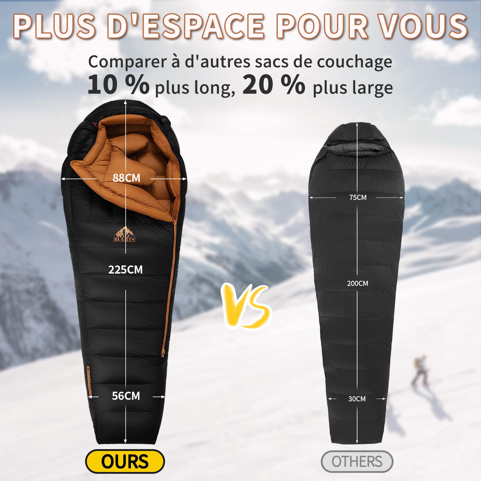 Sac de Couchage Duvet Hiver, XXL Adulte, 3 Saisons, Ultra-Léger, Idéal Camping, Randonnée, Backpacking et Survie en Plein Air