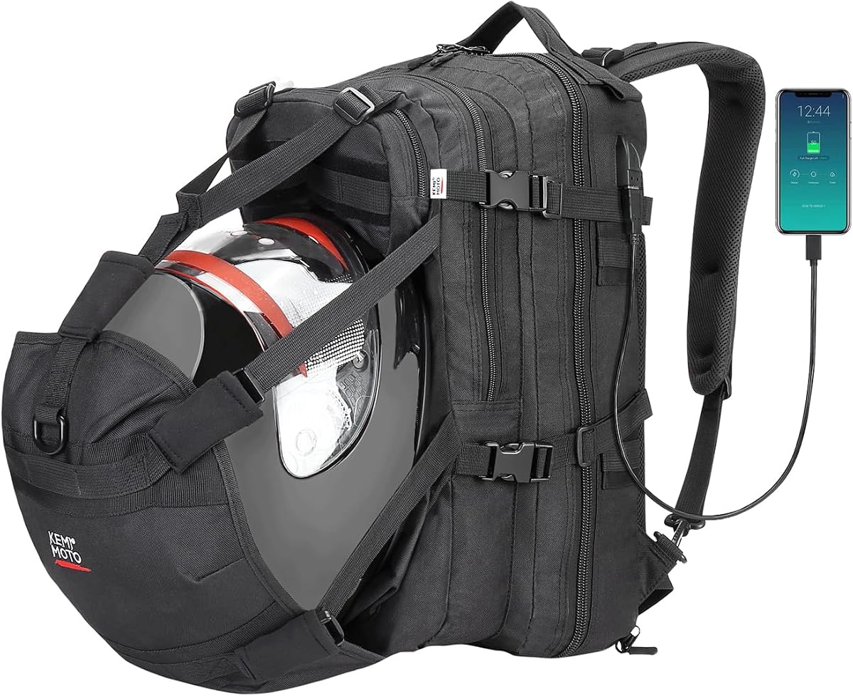 KEMIMOTO Motorcycle Helmet Backpack, 37L Large Capacity Helmet Bag with USB Charging Port, Riding Commuting Backpack for Men