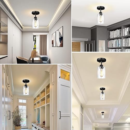 Miniatura 7 de Sheetea - Paquete de 3 luces de techo semiempotradas, modernas lámparas de techo con pantallas de vidrio transparente, iluminación industrial negra