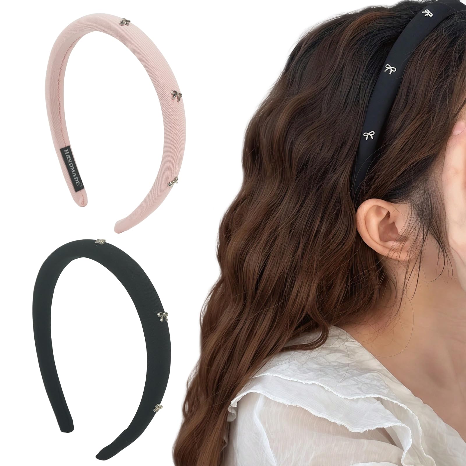 TEBIEKOY 2 fasce sottili imbottite con fiocco per donne, fasce nere antiscivolo da donna alla moda graziose fasce per capelli in tessuto rosa per accessori per capelli da donna