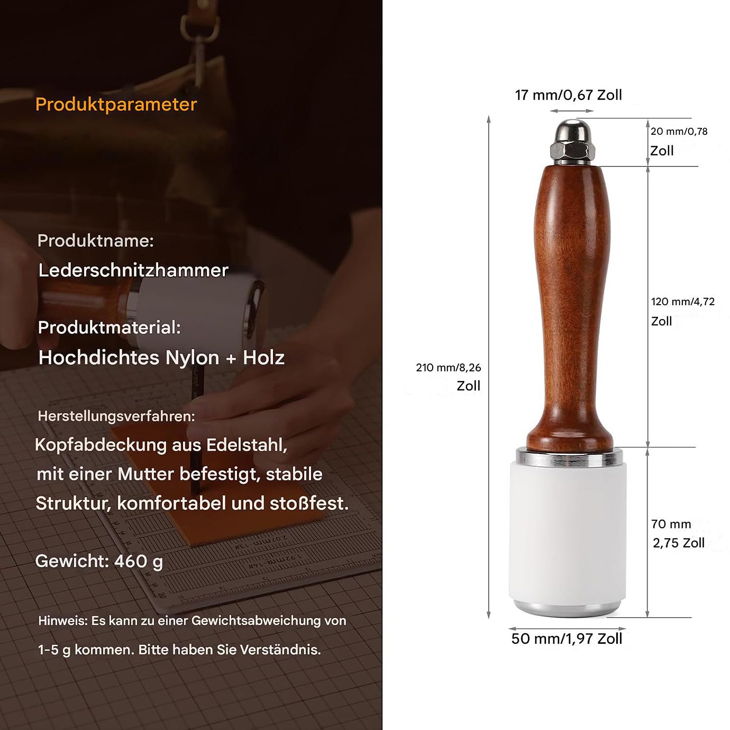 WUTA Lederhammer mit Holzgriff – Nylonhammer & Gummihammer für Lederwaren, Lederschnitzerei, Punzarbeit, Handwerksstanze, DIY Lederhandwerk